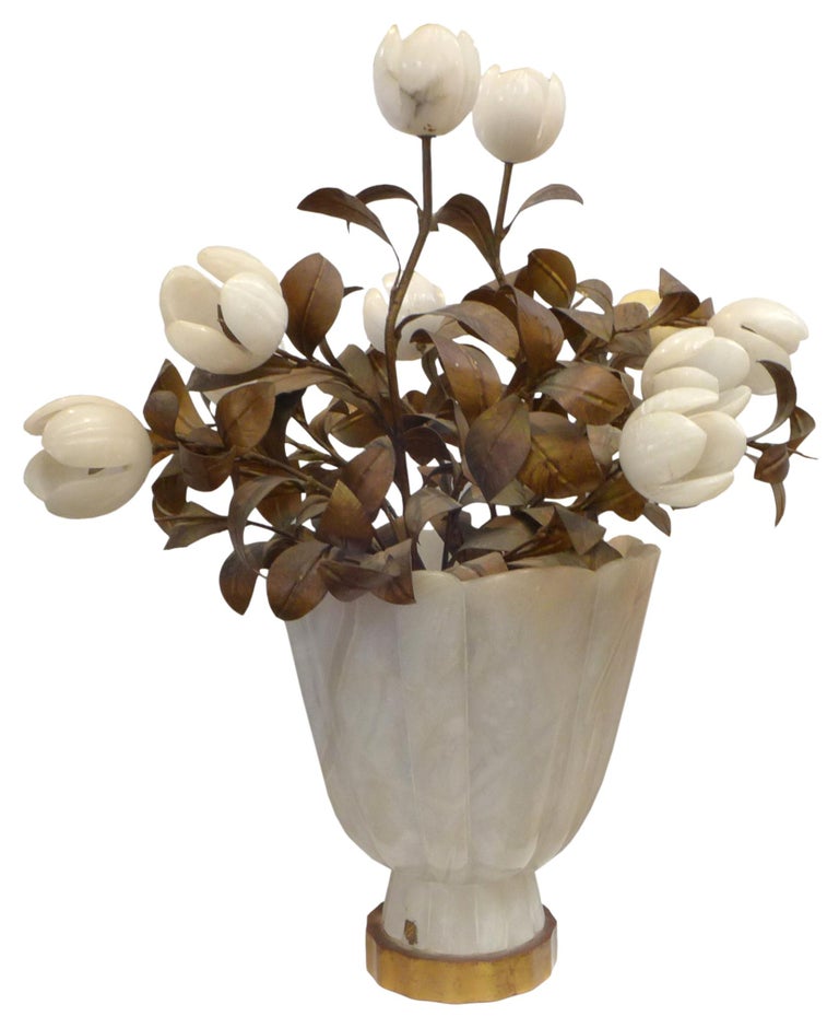 Modern Oversized Italian Alabaster & Brass Illuminated Floral Bouquet