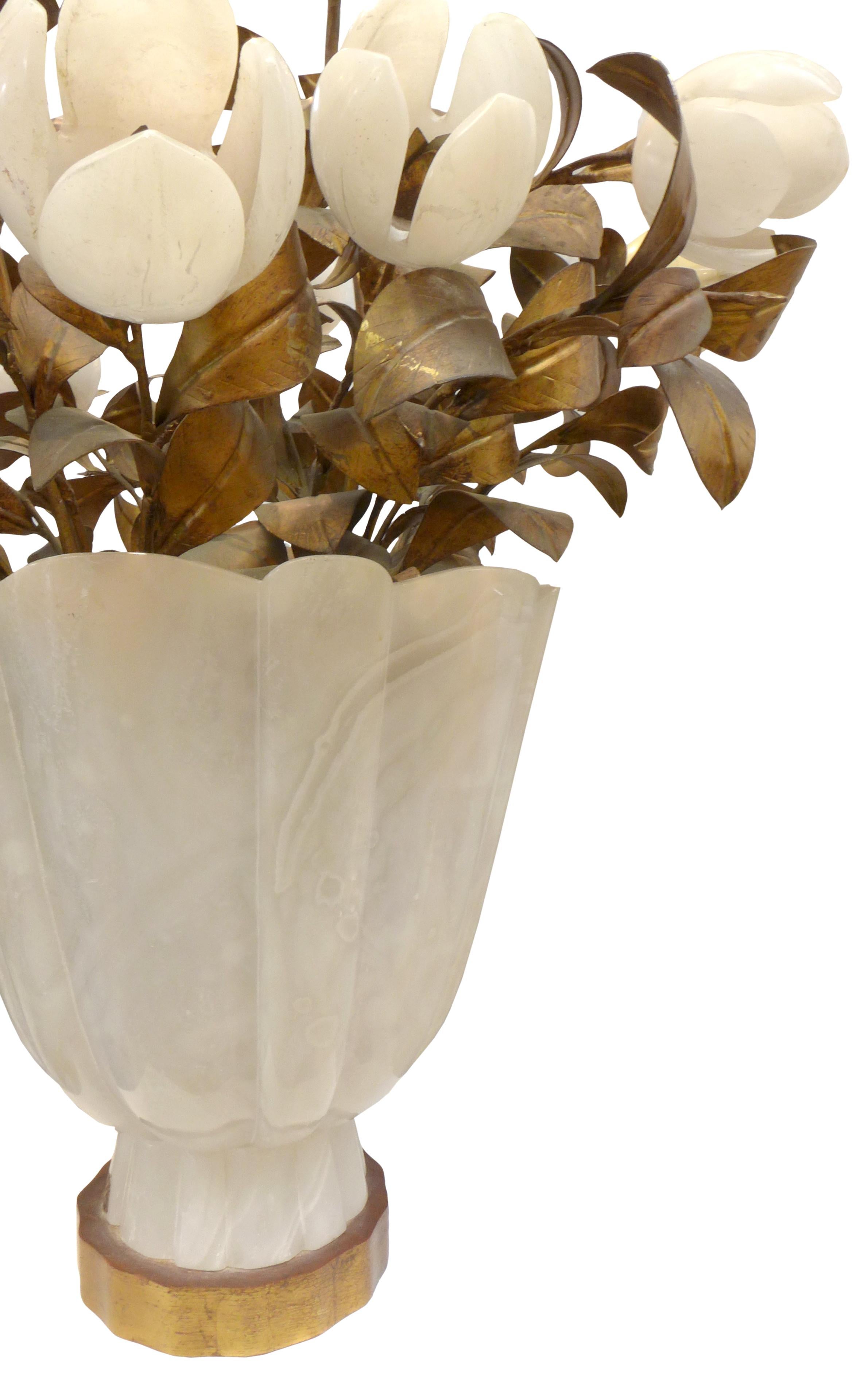 Oversized Italian Alabaster & Brass Illuminated Floral Bouquet In Good Condition For Sale In Los Angeles, CA