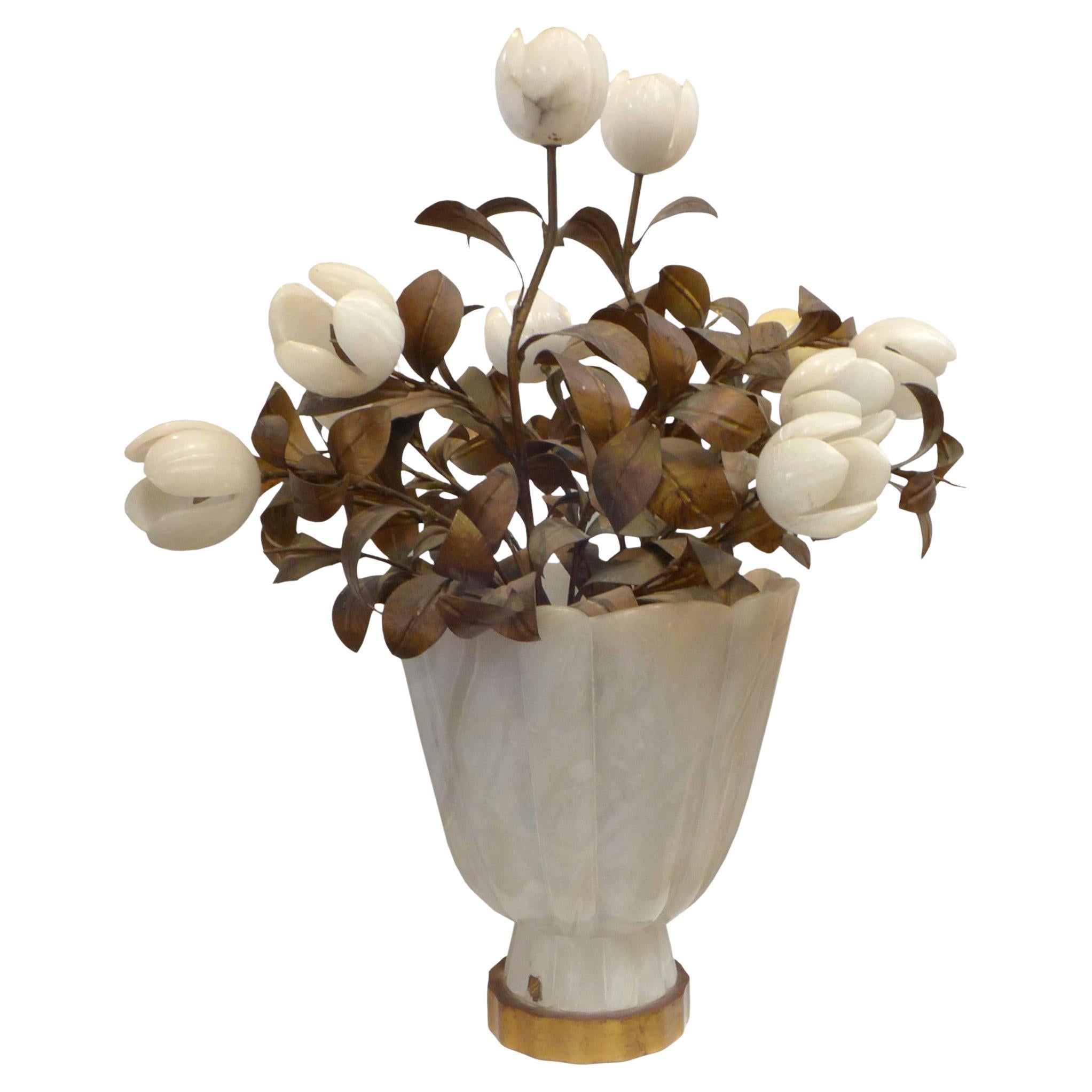 Oversized Italian Alabaster & Brass Illuminated Floral Bouquet For Sale