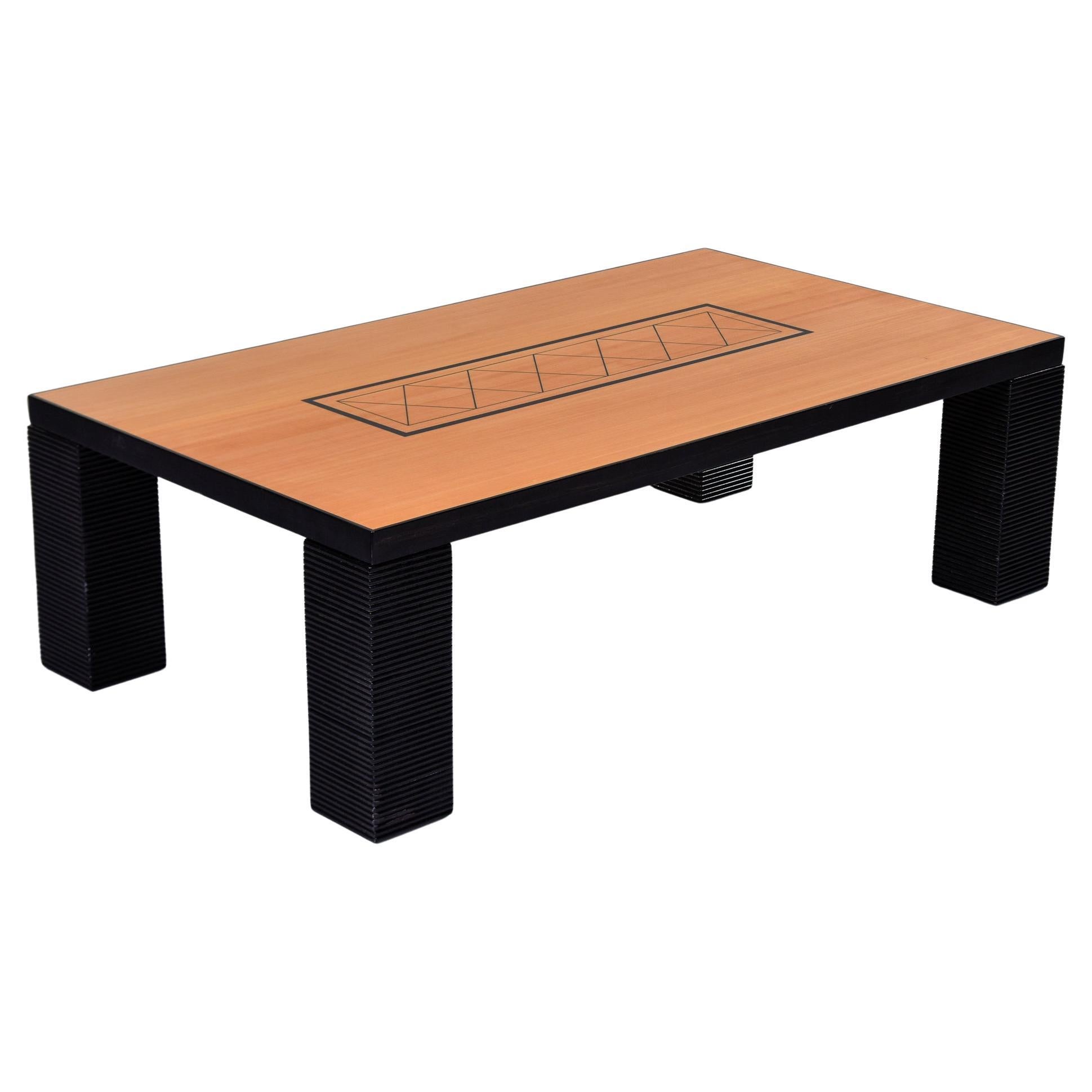 Oversized Italian Art Deco Birch and Black Coffee Table For Sale