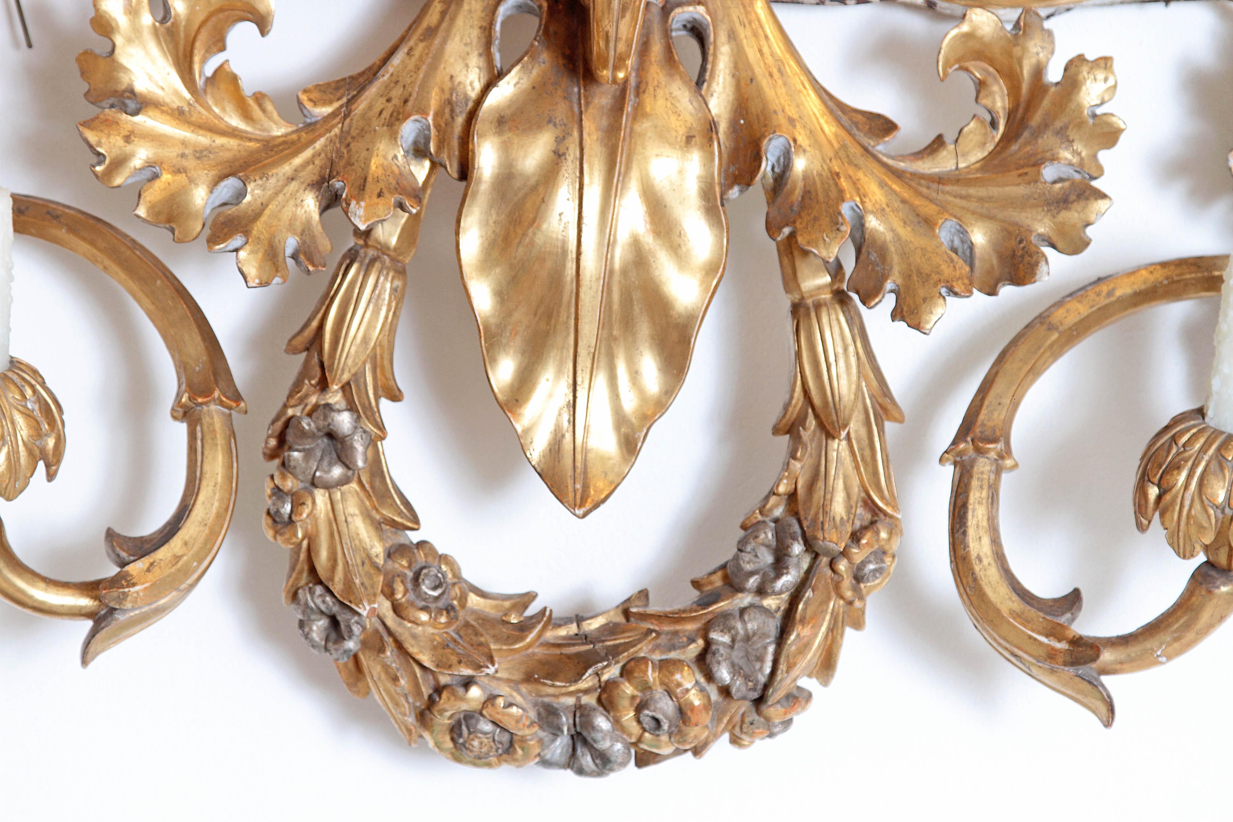 19th Century Oversized Italian Baroque Style Seven-Arm Gilt and Silvered Wood Wall Sconce