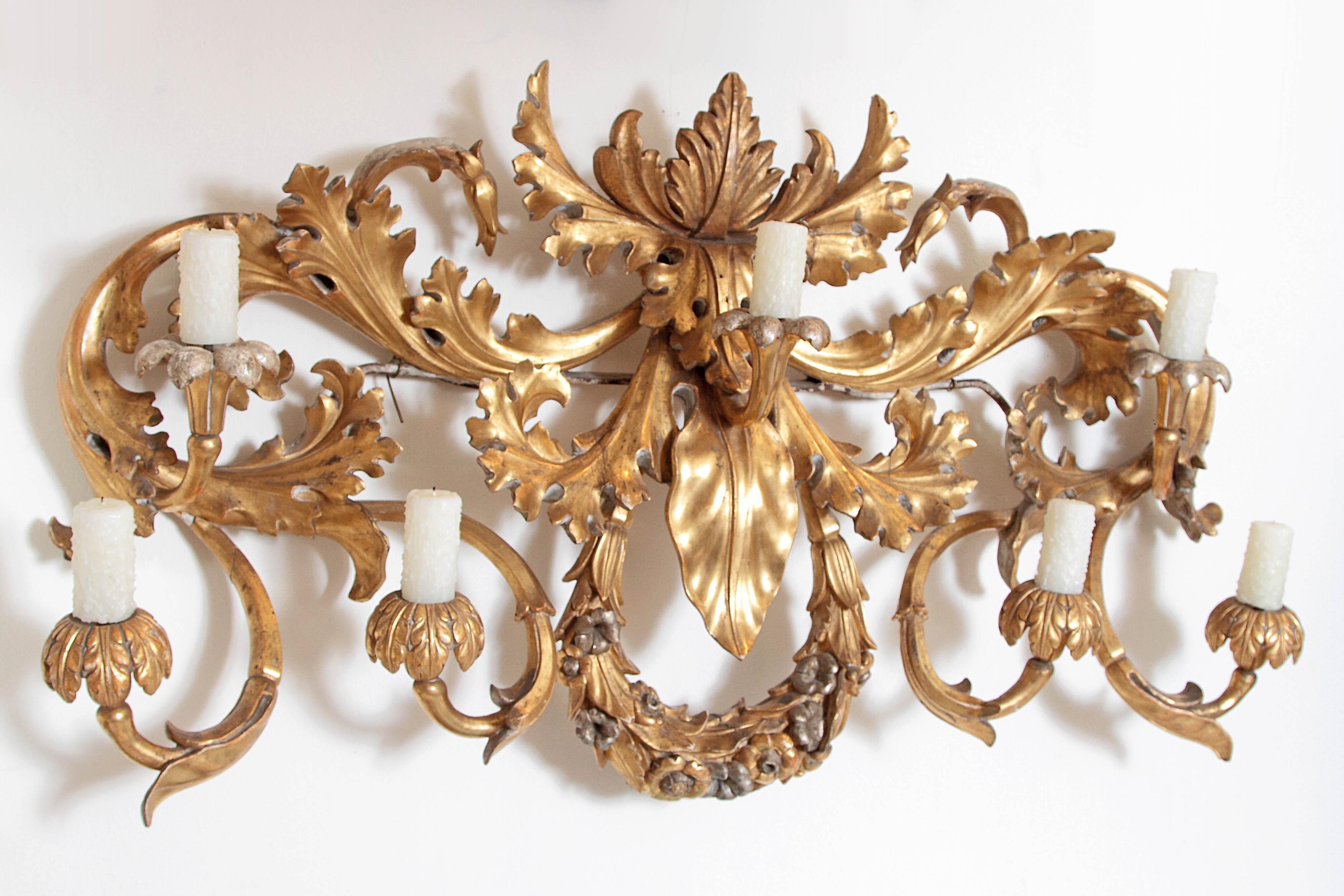Oversized Italian Baroque Style Seven-Arm Gilt and Silvered Wood Wall Sconce 2