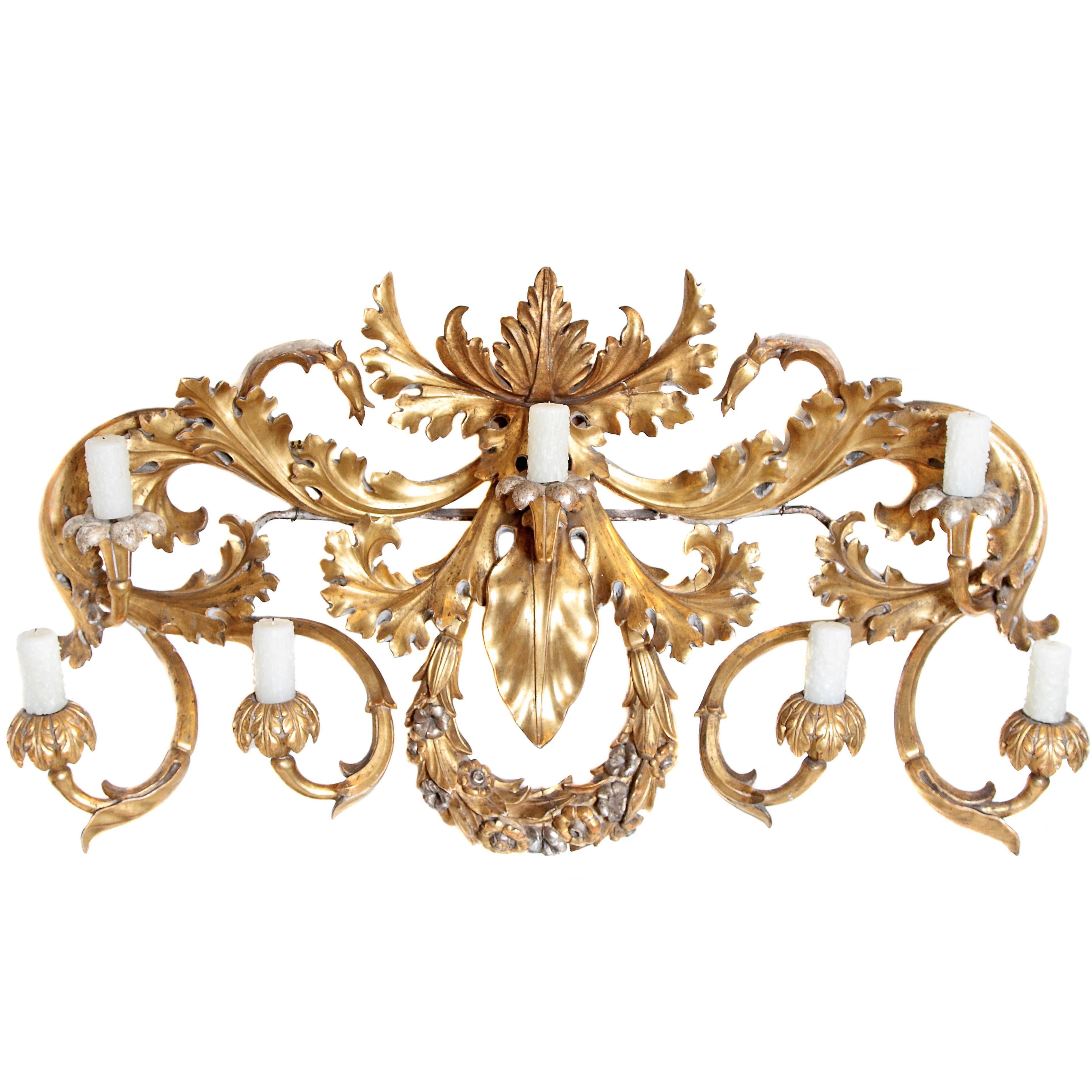 Oversized Italian Baroque Style Seven-Arm Gilt and Silvered Wood Wall Sconce