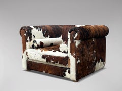 Oversized Italian Brown & White Cow Fur Leather Cube Lounge Armchair