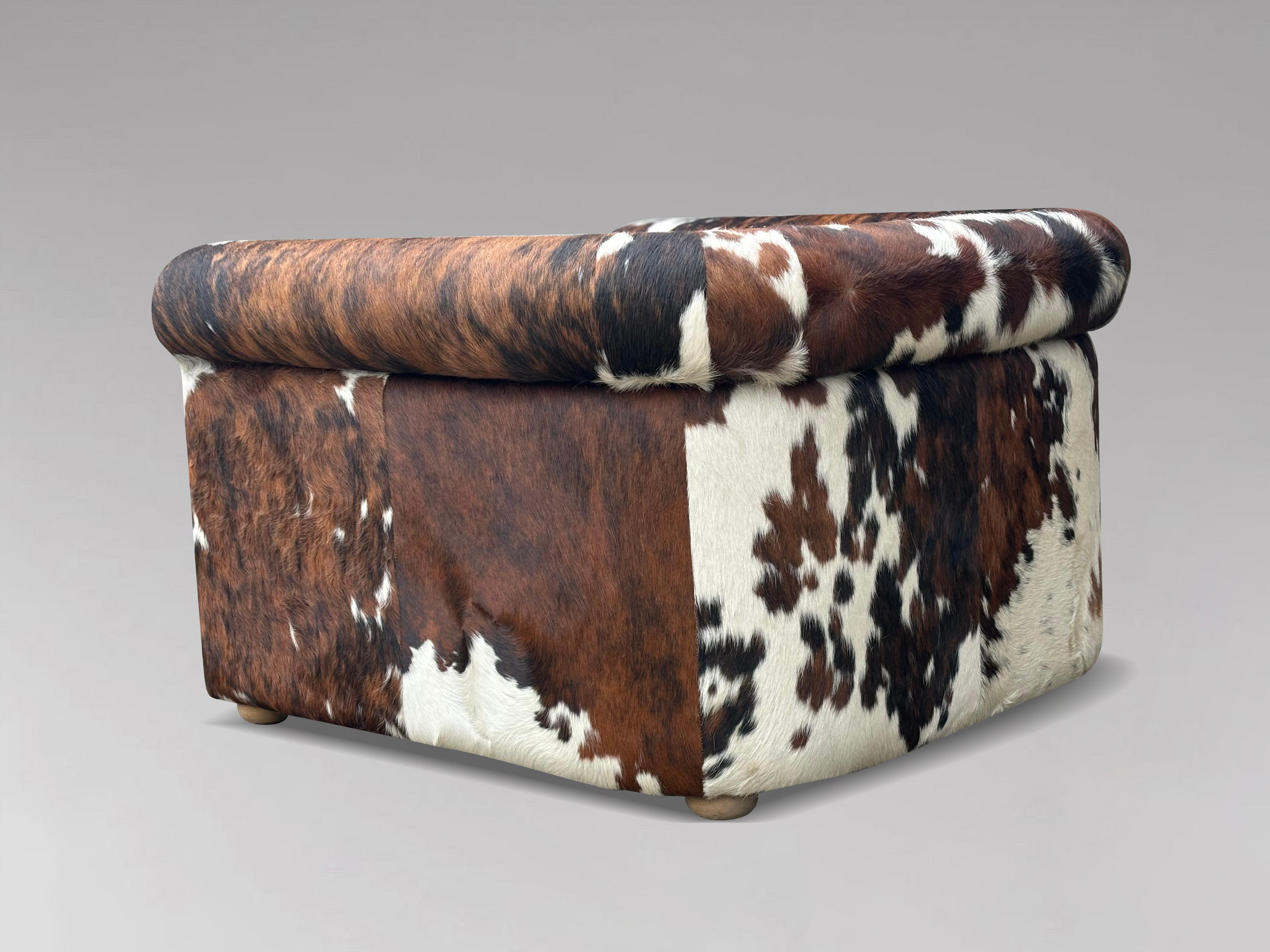 Cowhide Oversized Italian Brown & White Cow Fur Leather Cube Lounge Armchair For Sale