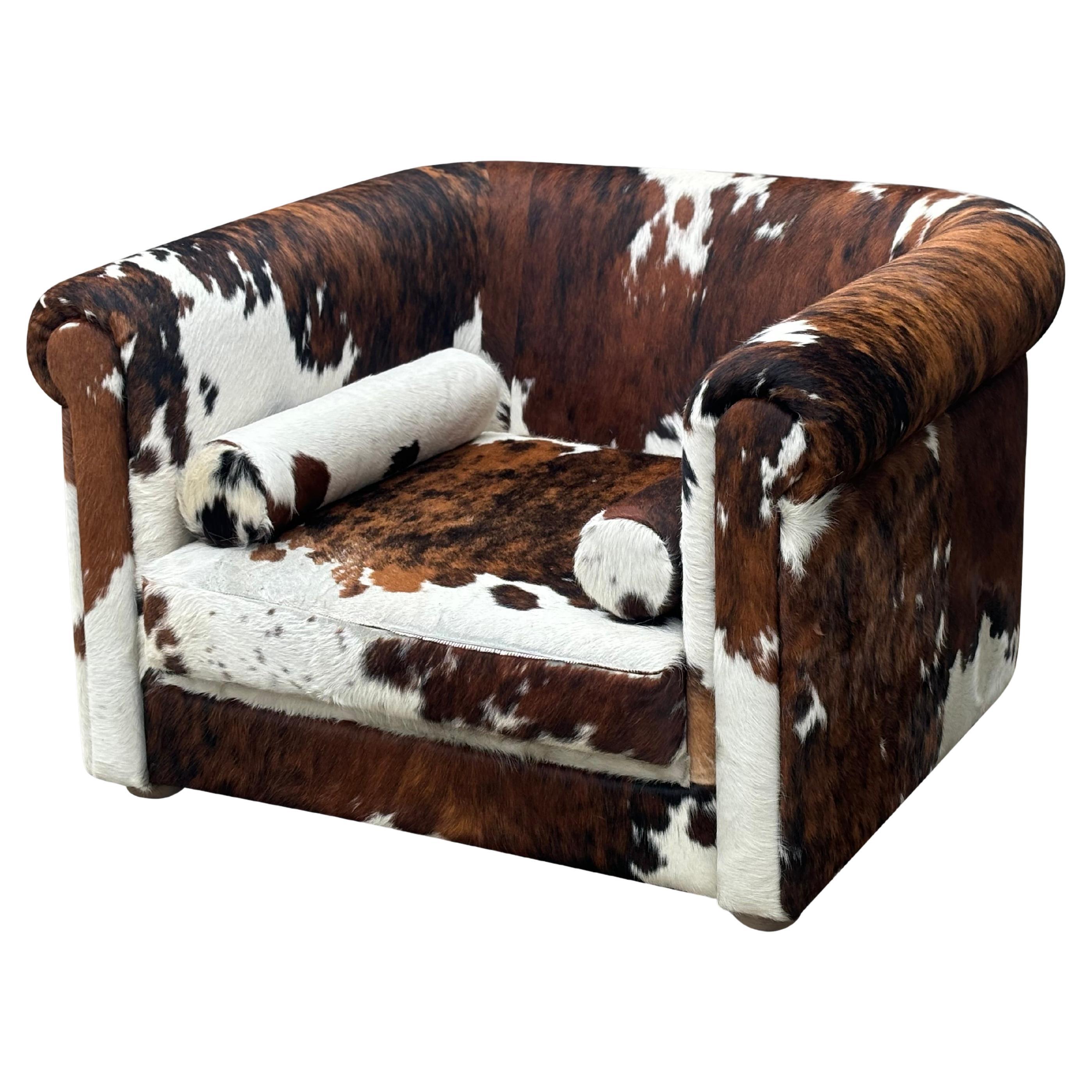 Oversized Italian Brown & White Cow Fur Leather Cube Lounge Armchair For Sale