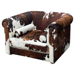 Fauteuil Lounge Cube en cuir de vachette surdimensionné, brun et blanc, italien