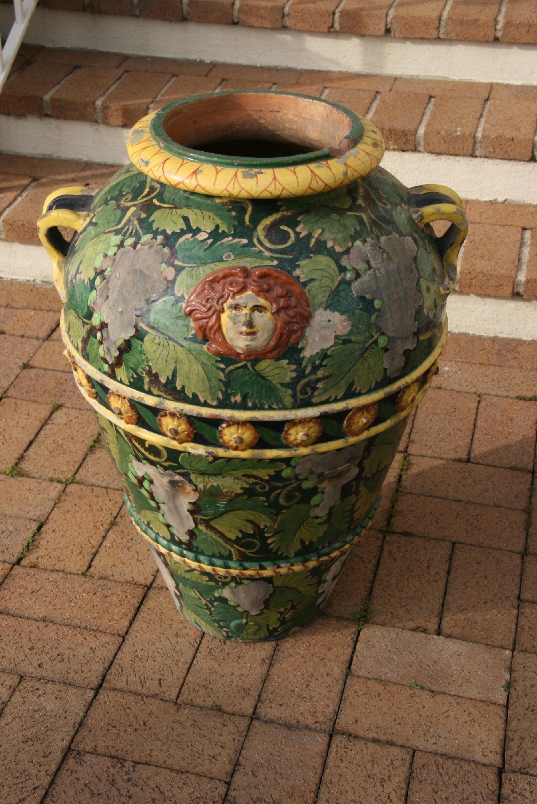 3-479 Italian large glazed urns with Medusa Face and handles, circa 1920.