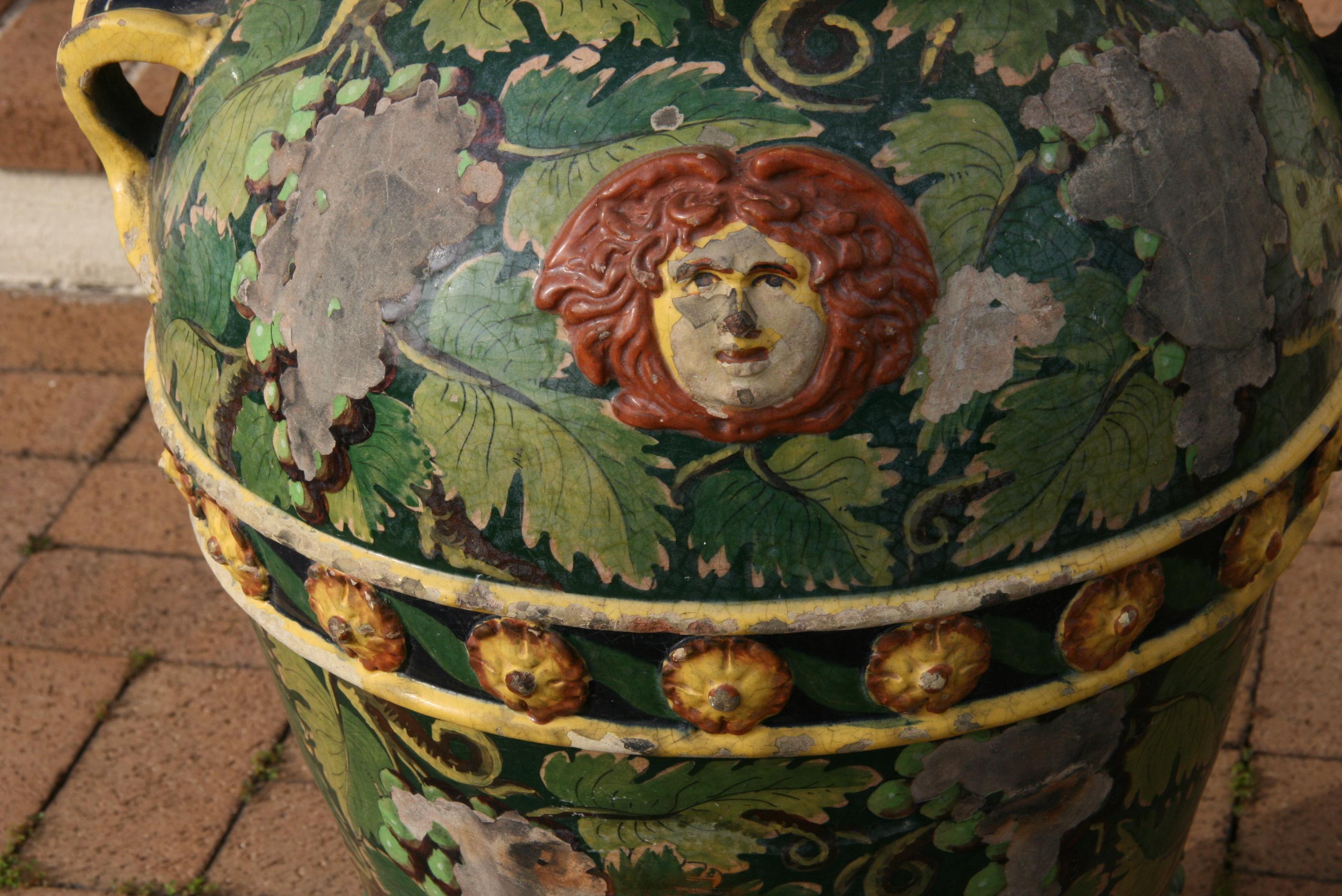 Oversized Italian Glazed Urns Medusa Face and Handles Circa 1920 '2 Available' In Good Condition For Sale In Douglas Manor, NY