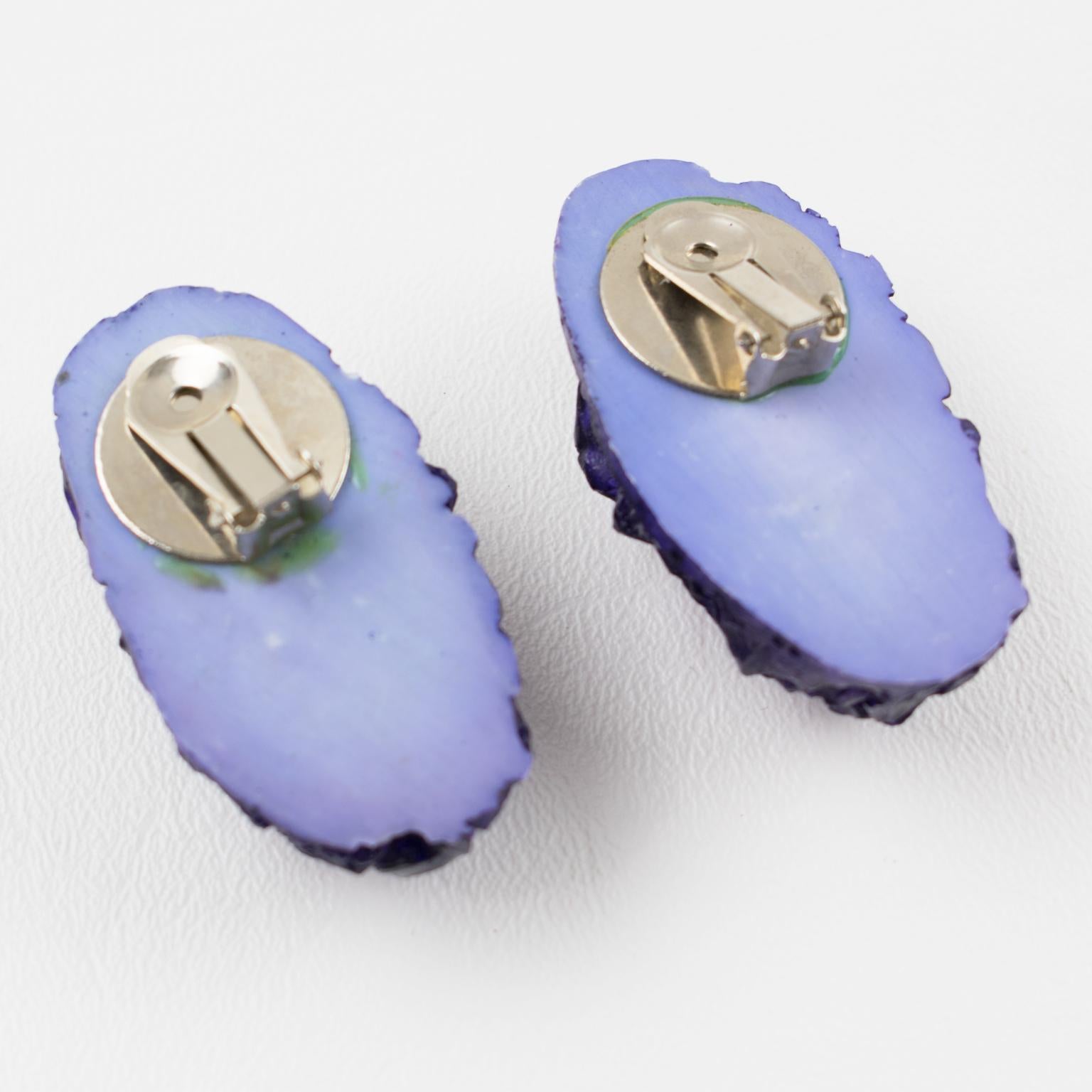 Modern Oversized Italian Purple Rock Lucite Resin Clip on Earrings