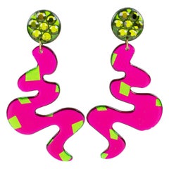Space Age Dangle Hot Pink Green Lucite Clip Earrings