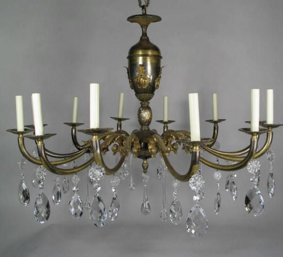 Oversized  Italian, Two-Tone Crystal and Bronze Chandelier In Good Condition For Sale In Douglas Manor, NY