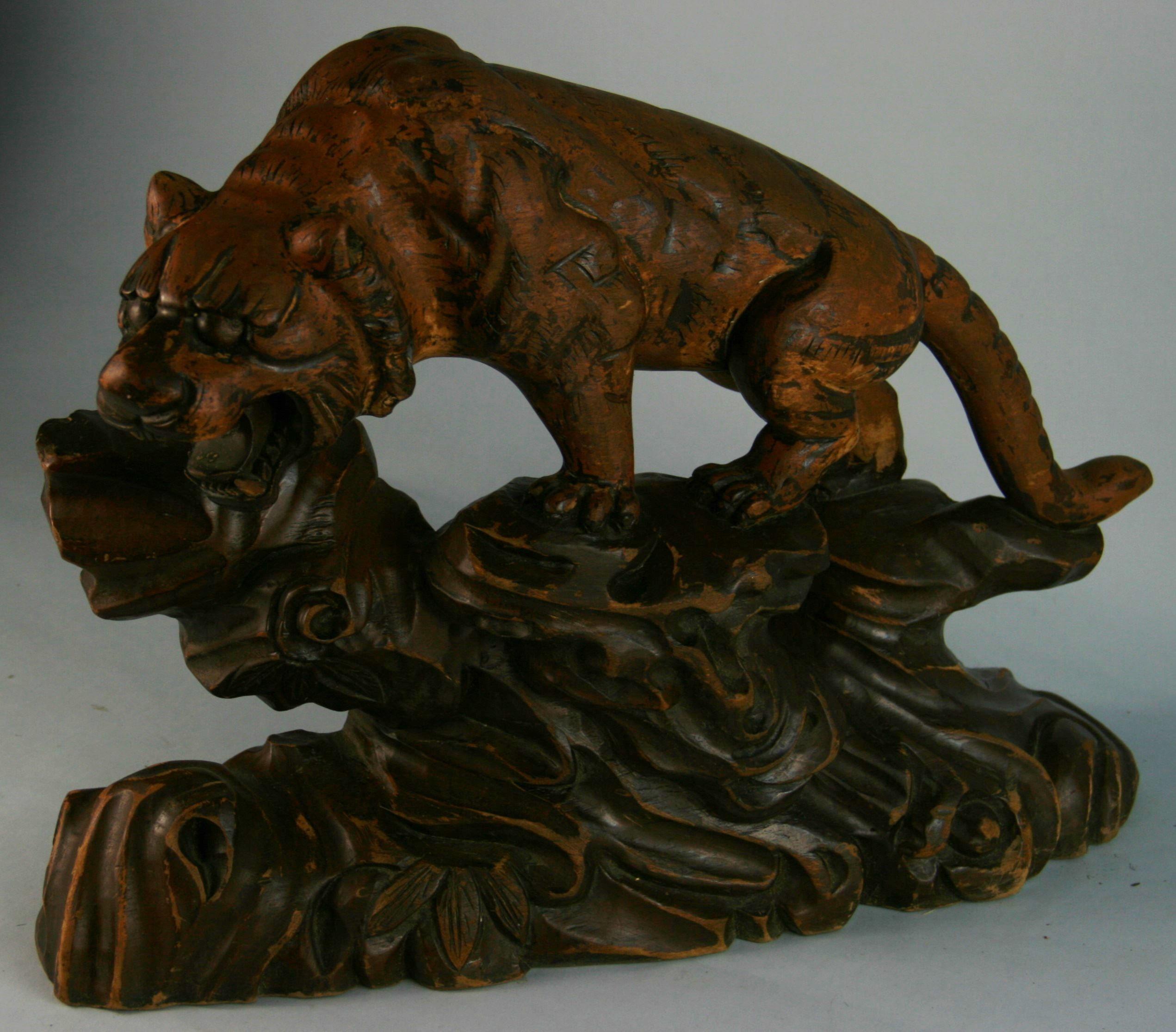 Mid-20th Century Oversized Japanese Hand Carved Tiger Sculpture