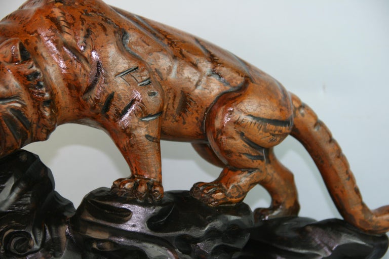 Mid-20th Century Oversized Japanese Hand Carved Tiger Sculpture For Sale