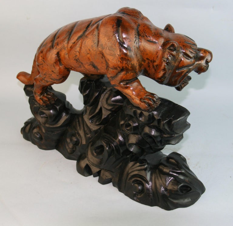Oversized Japanese Hand Carved Tiger Sculpture For Sale 1