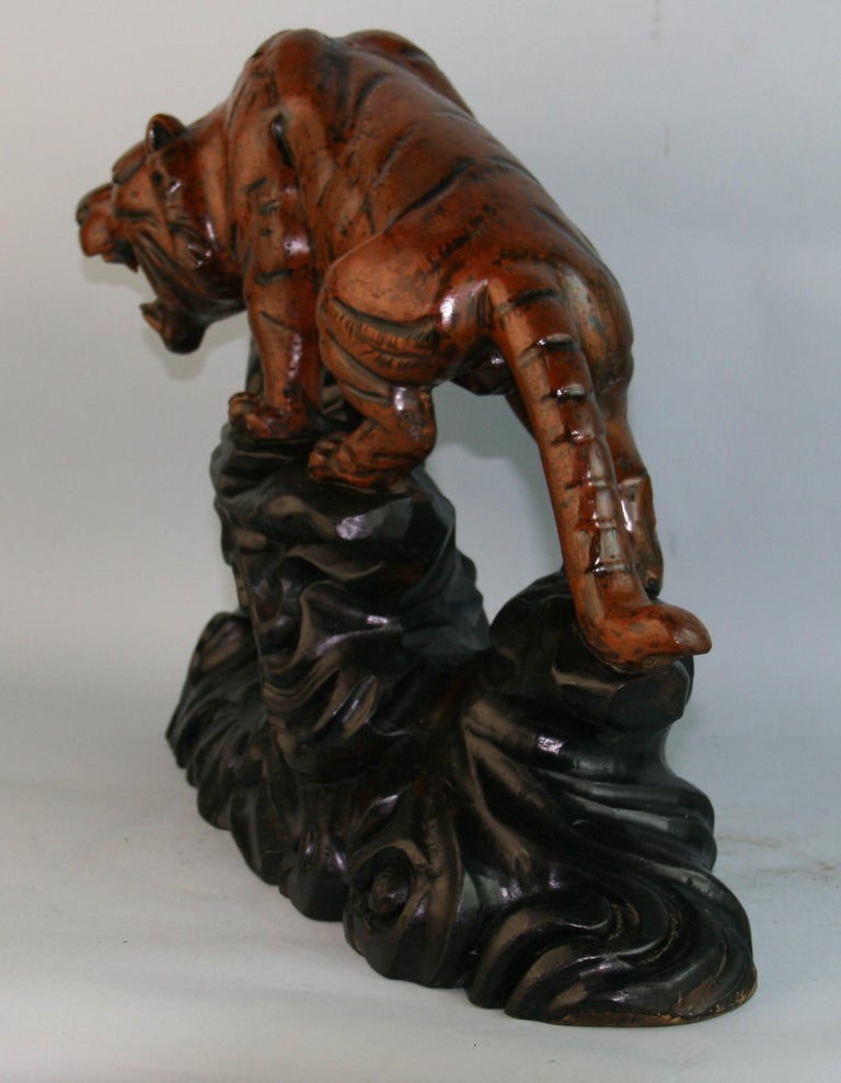 Oversized Japanese Hand Carved Tiger Sculpture For Sale 3