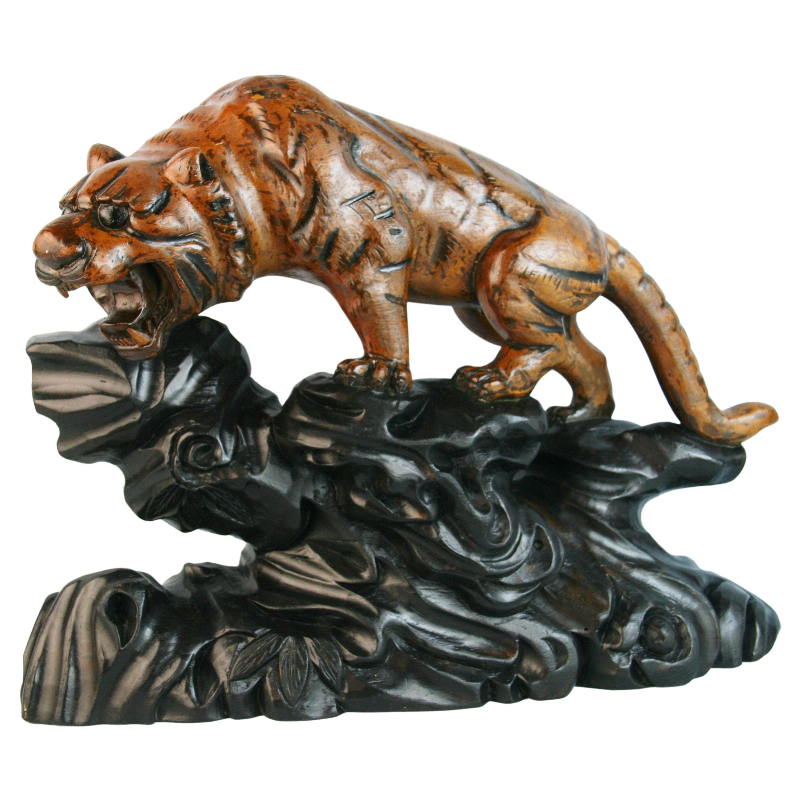 Oversized Japanese Hand Carved Tiger Sculpture