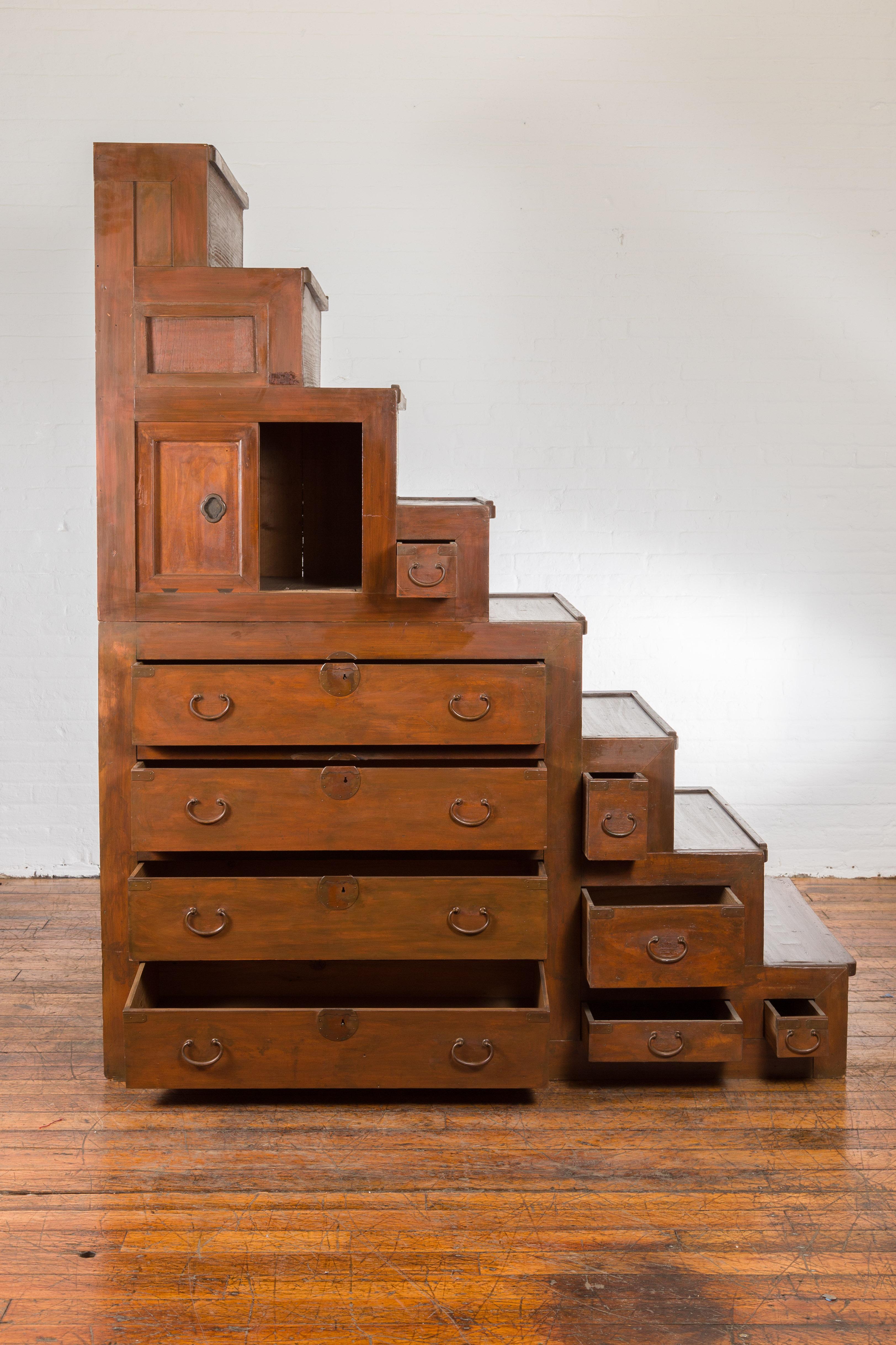Oversized Japanese Meiji 19th Century Staircase Tansu with Doors and Drawers 2