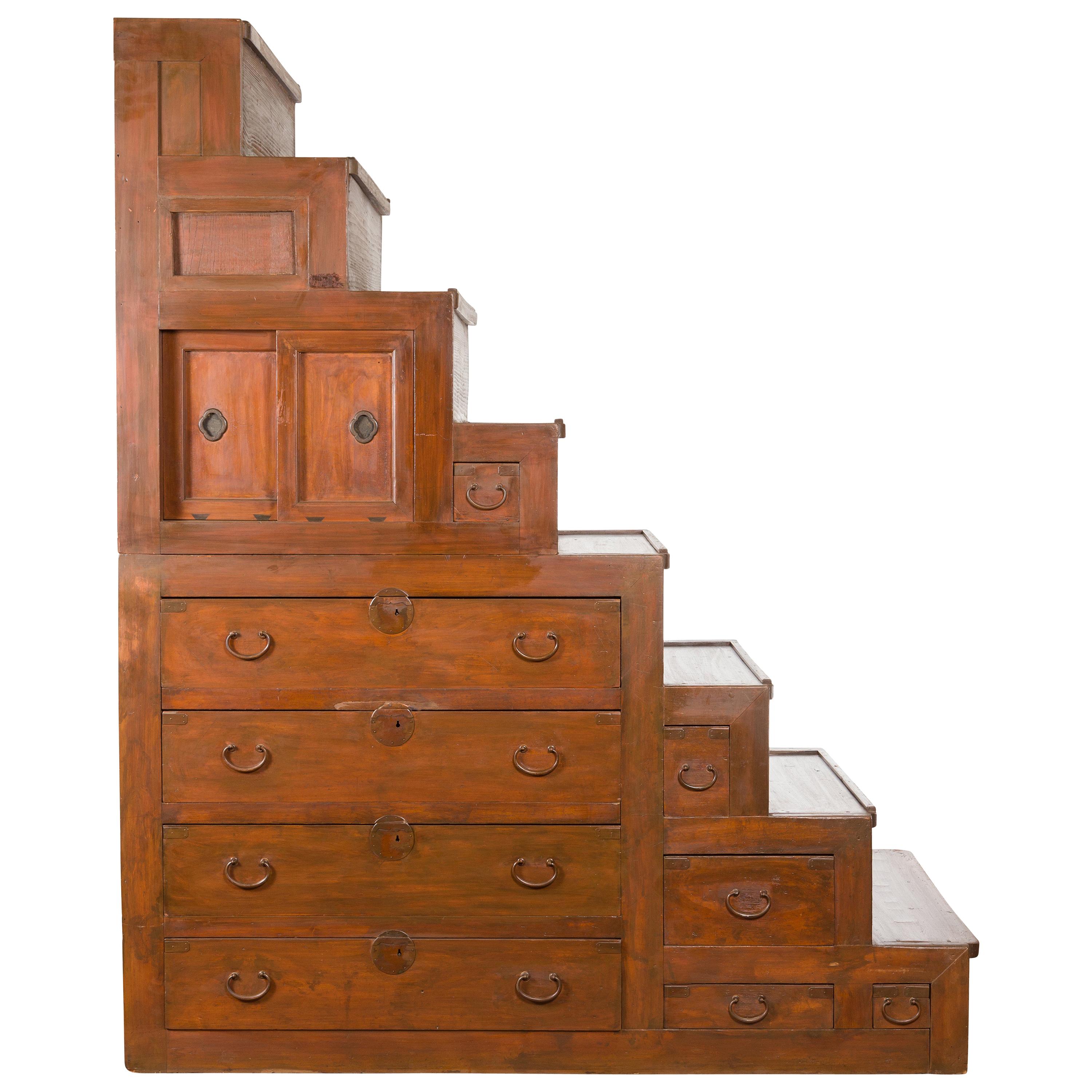 Oversized Japanese Meiji 19th Century Staircase Tansu with Doors and Drawers