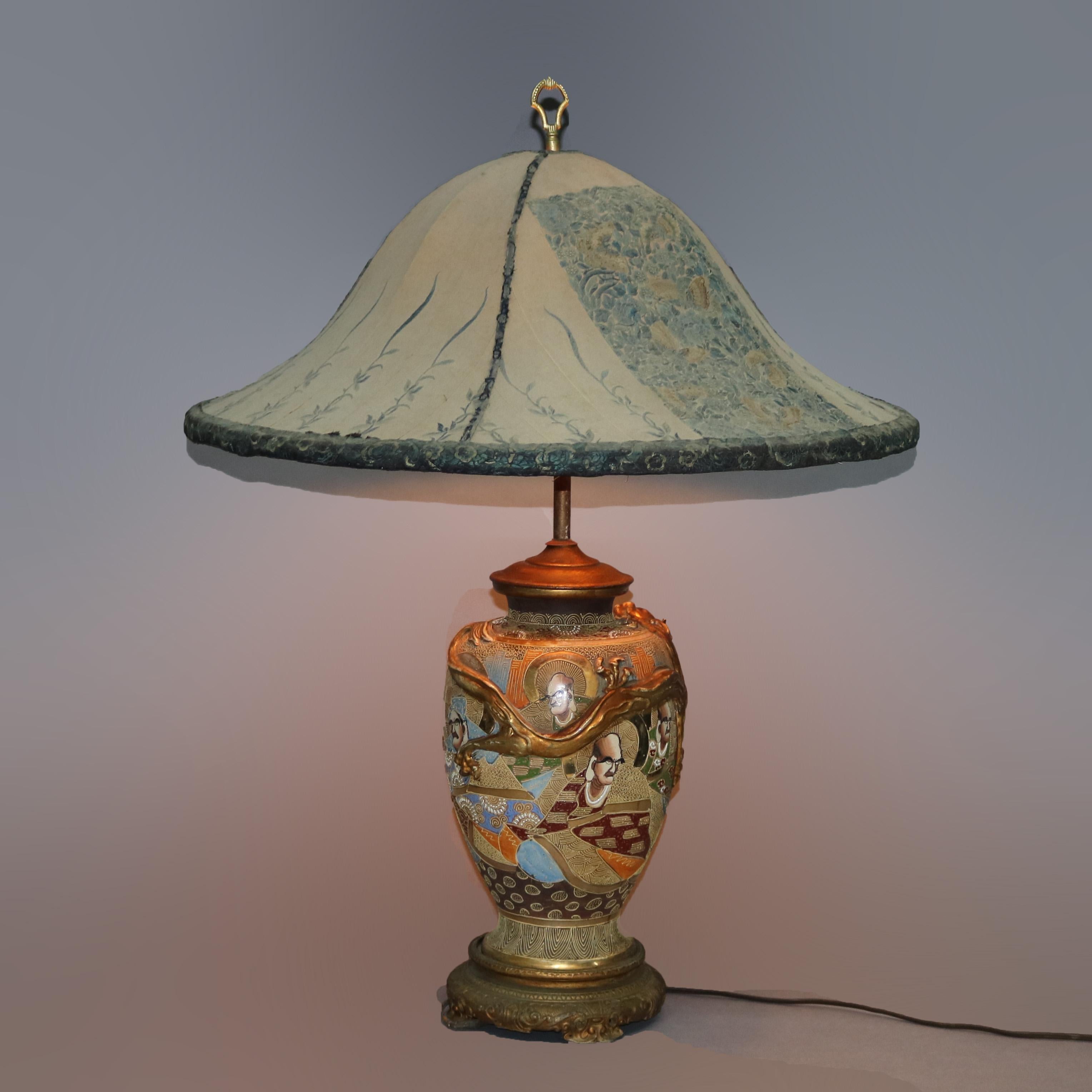Oversized Japanese Satsuma Porcelain Table Lamp & Embroidered Silk Shade c 1930 4