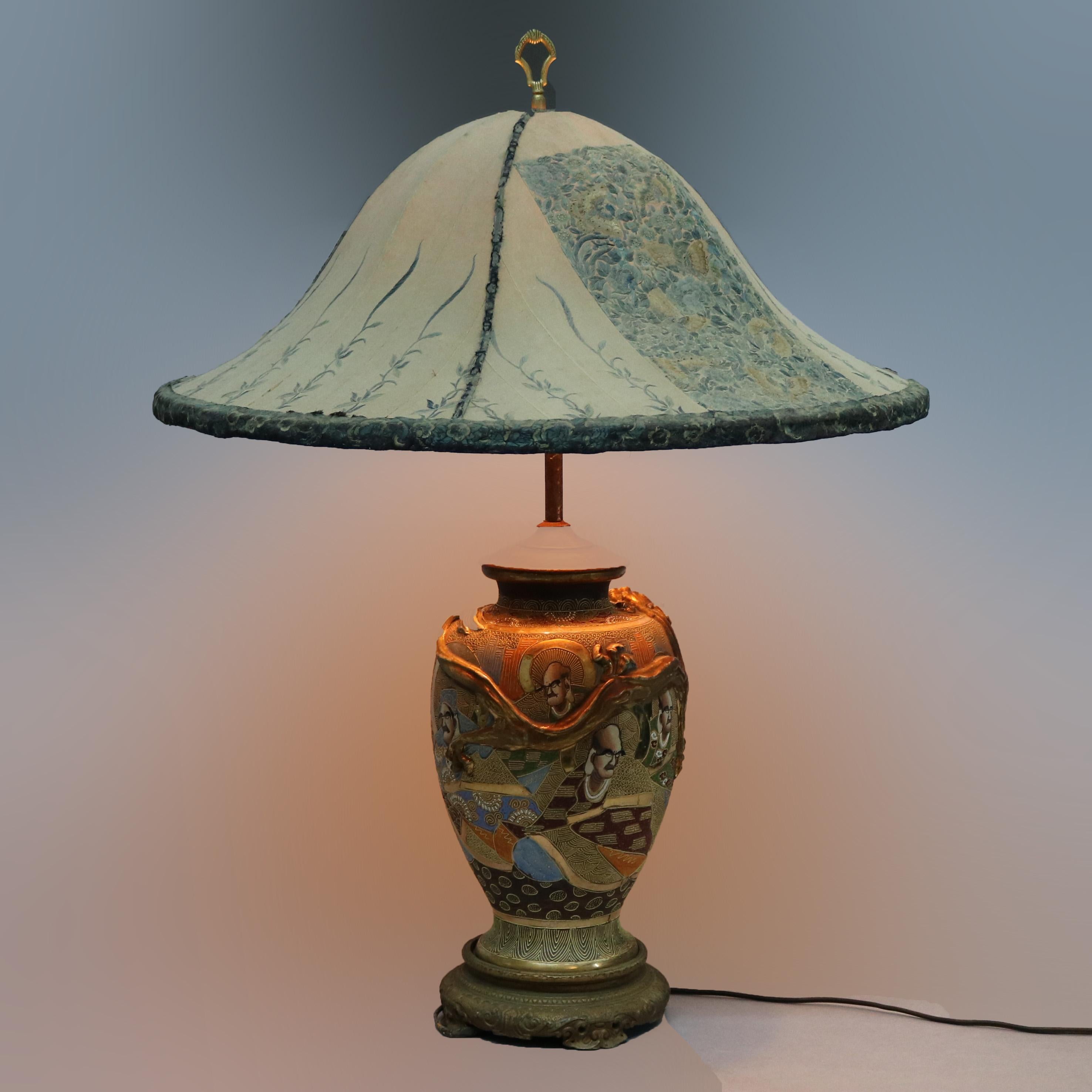 Oversized Japanese Satsuma Porcelain Table Lamp & Embroidered Silk Shade c 1930 5