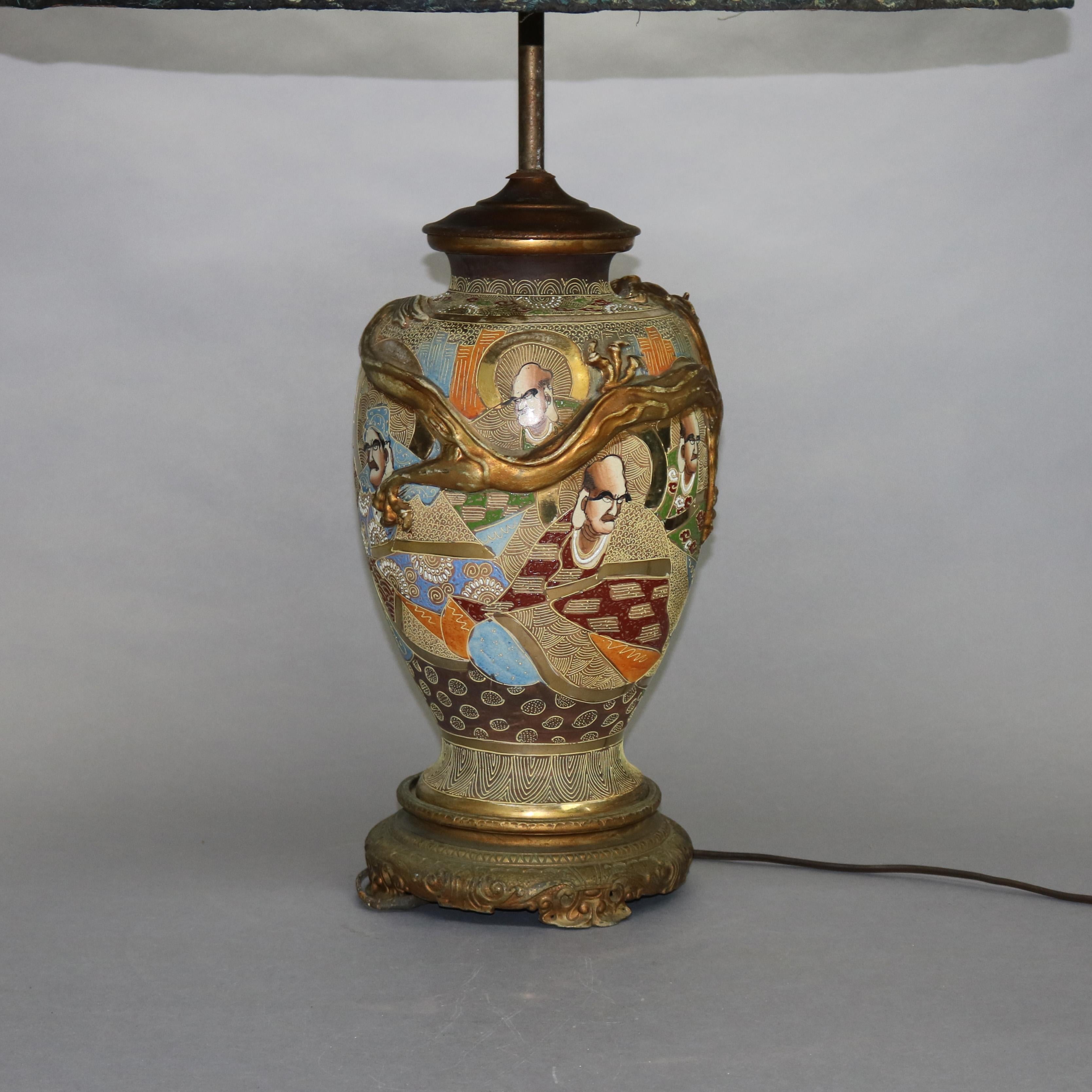Oversized Japanese Satsuma Porcelain Table Lamp & Embroidered Silk Shade c 1930 In Good Condition In Big Flats, NY