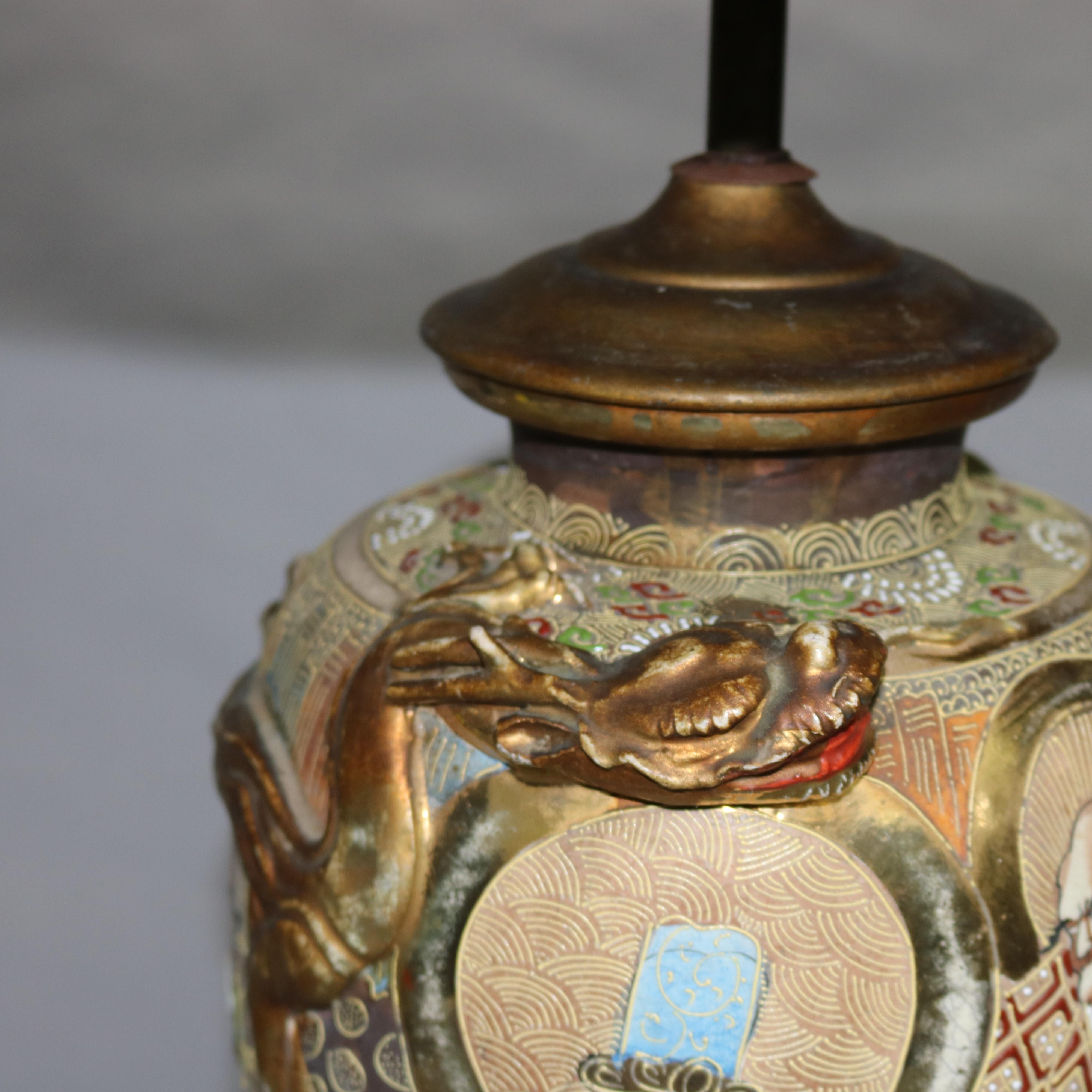 20th Century Oversized Japanese Satsuma Porcelain Table Lamp & Embroidered Silk Shade c 1930