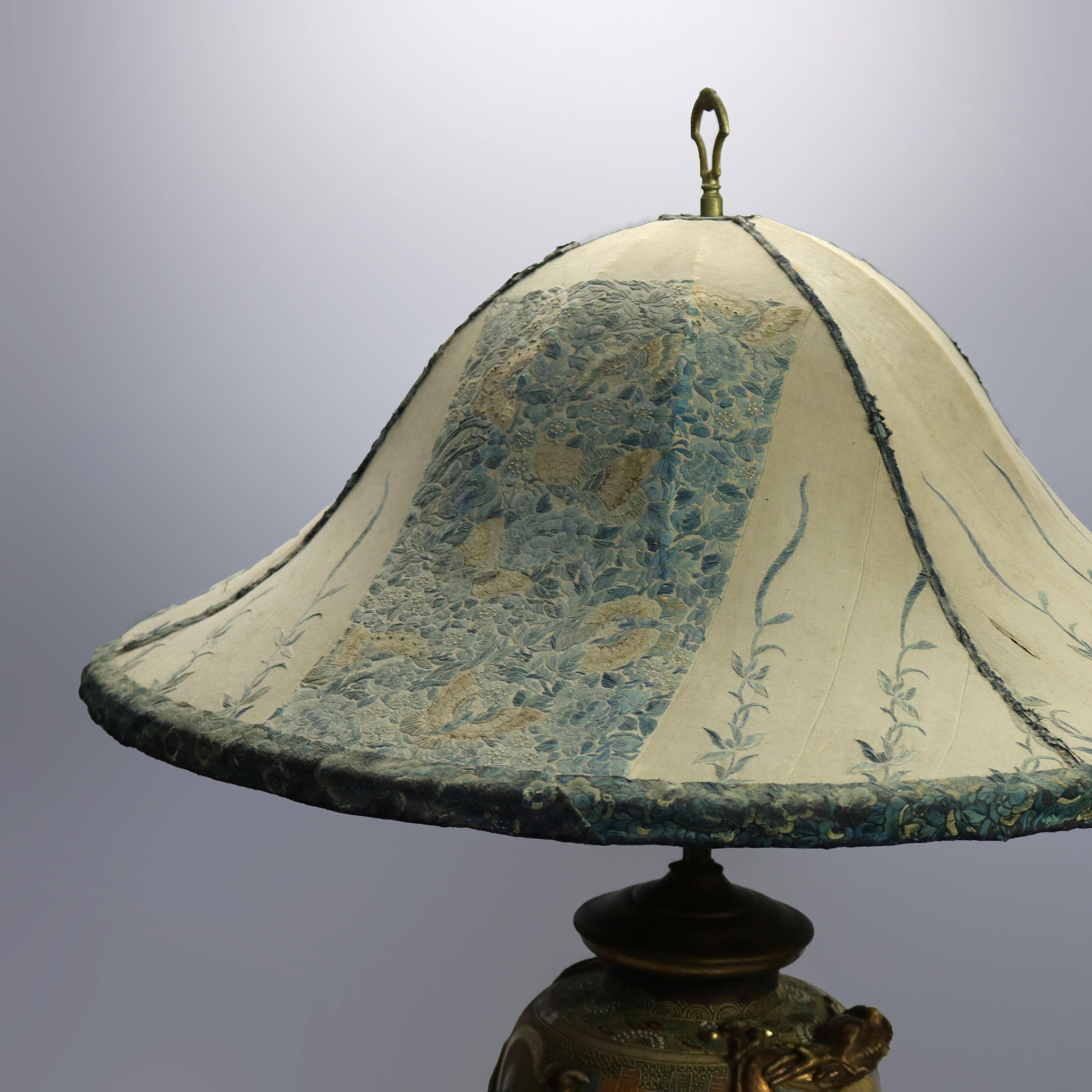 Oversized Japanese Satsuma Porcelain Table Lamp & Embroidered Silk Shade c 1930 1