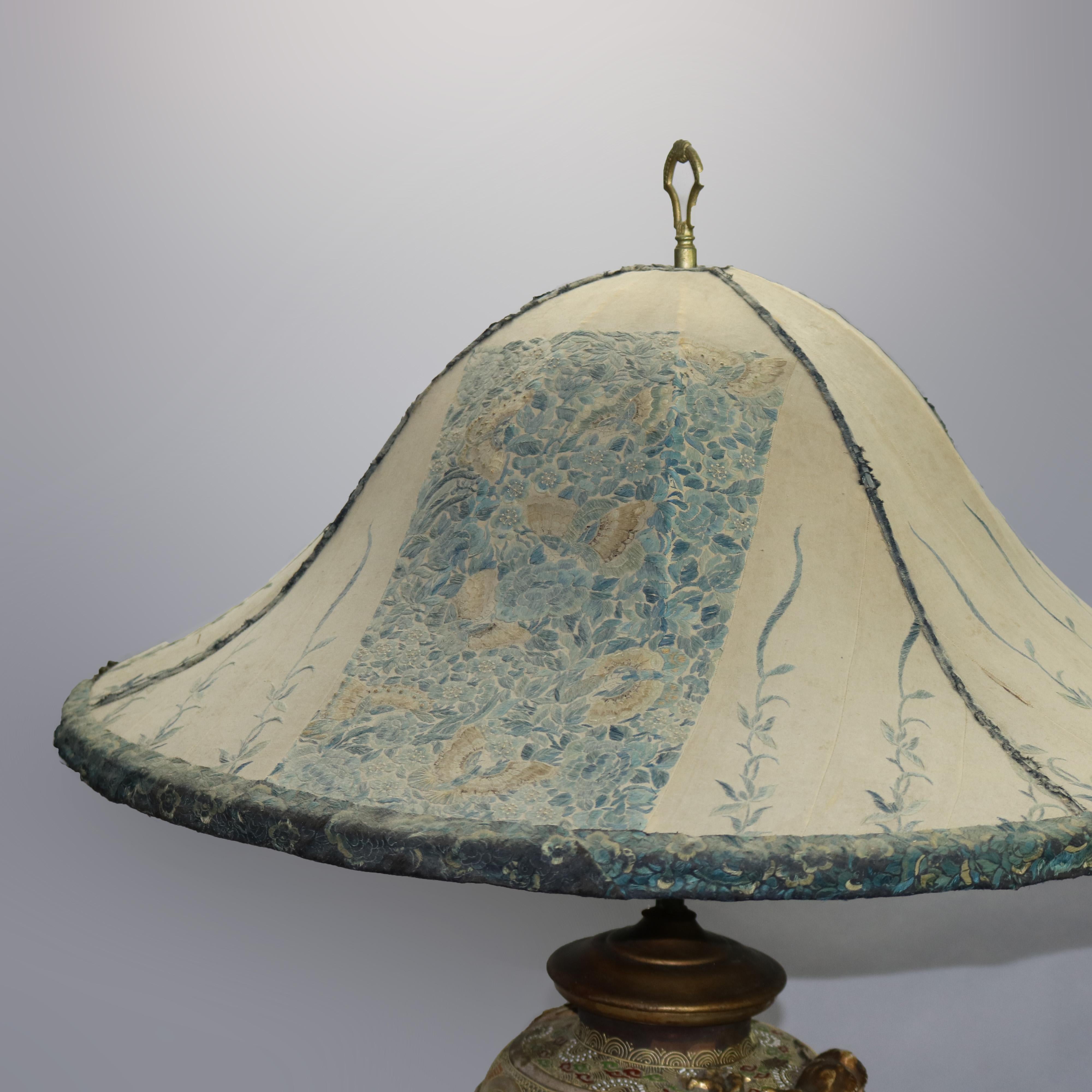 Oversized Japanese Satsuma Porcelain Table Lamp & Embroidered Silk Shade c 1930 2