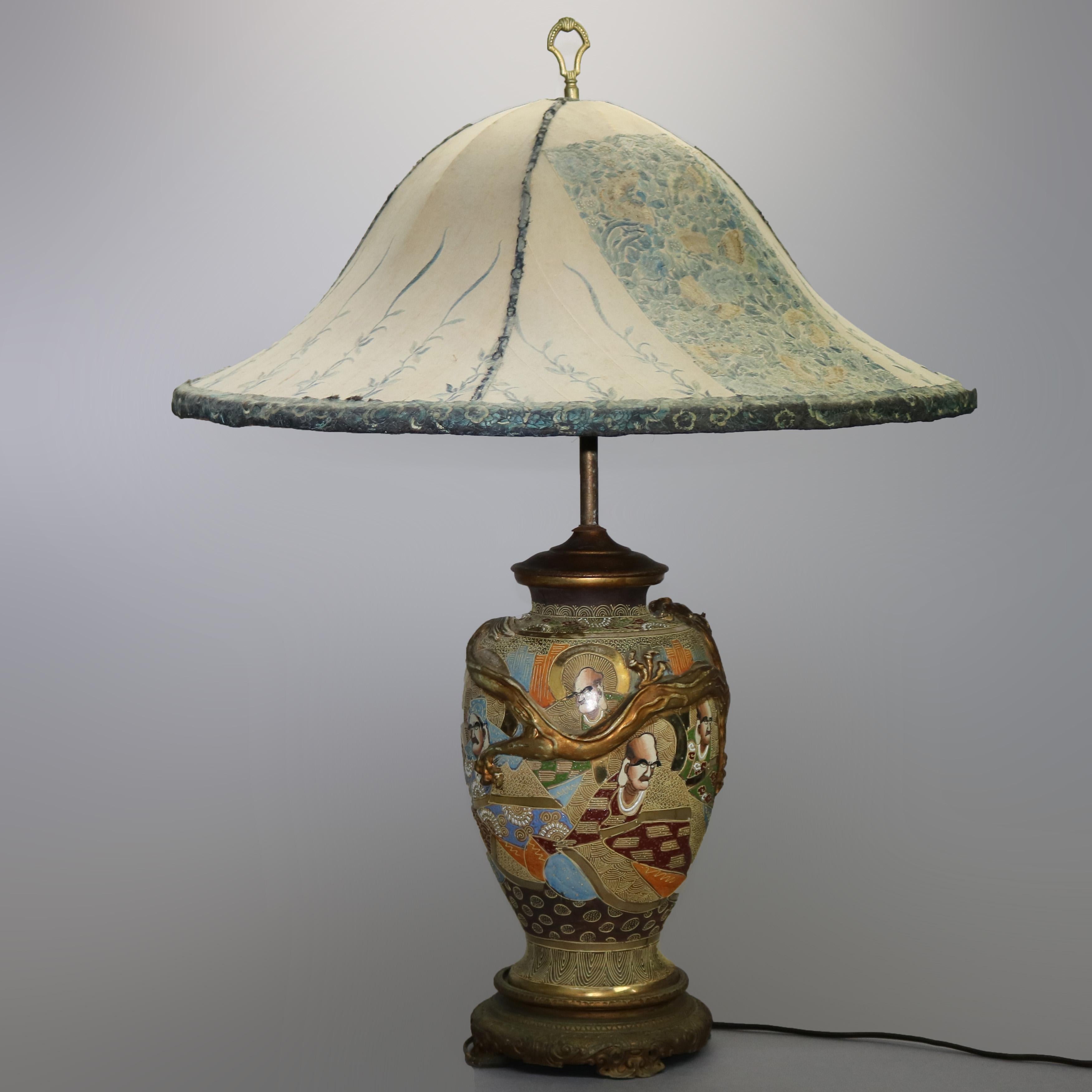 Oversized Japanese Satsuma Porcelain Table Lamp & Embroidered Silk Shade c 1930 3