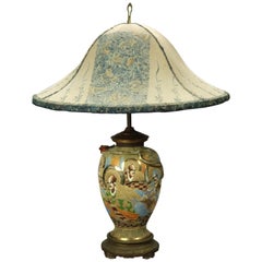 Oversized Japanese Satsuma Porcelain Table Lamp & Embroidered Silk Shade c 1930
