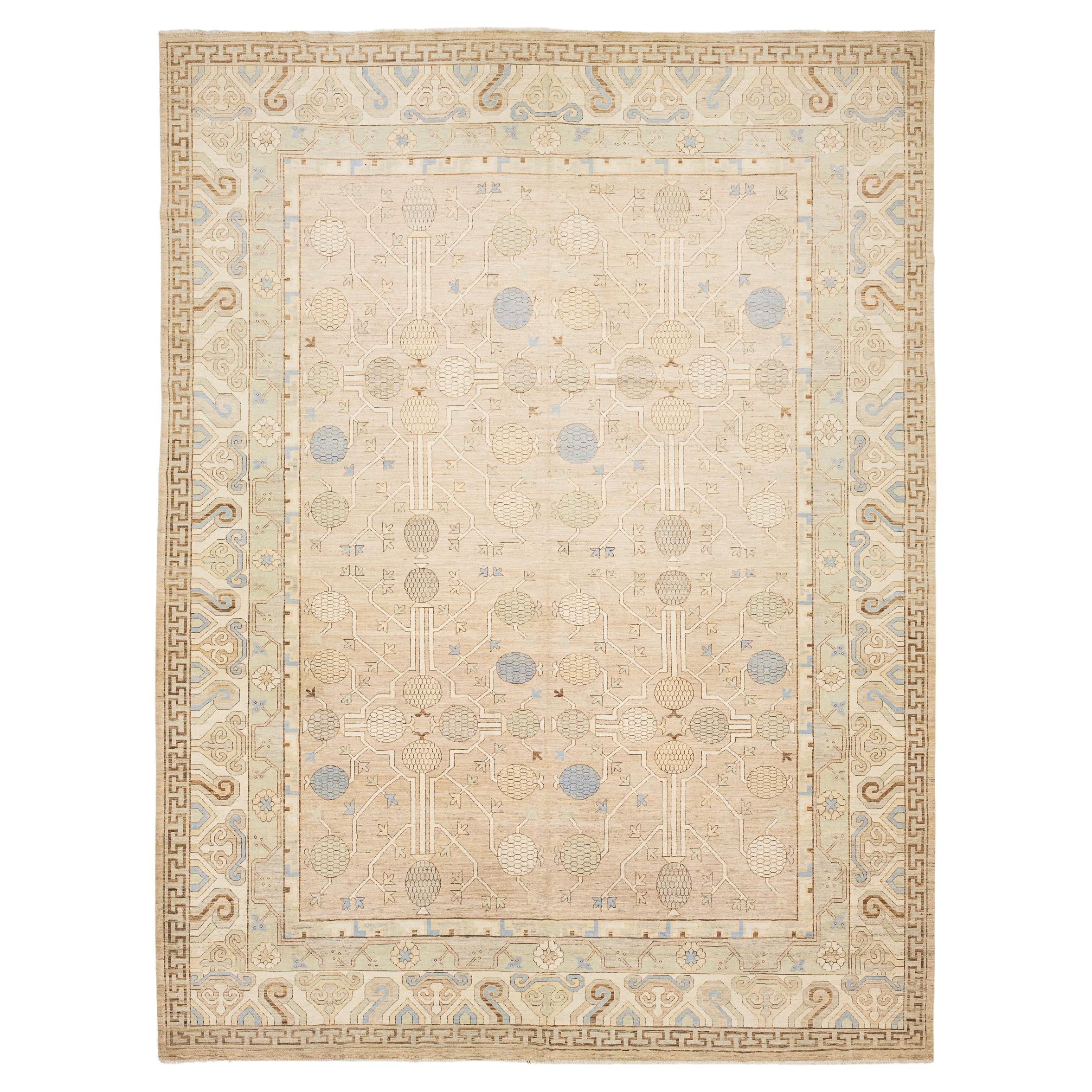 Oversized Khotan Pomegranate Motif Wool Rug - Neutral Contemporary Aesthetic