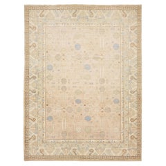 Oversized Khotan Pomegranate Motif Wool Rug - Neutral Contemporary Aesthetic