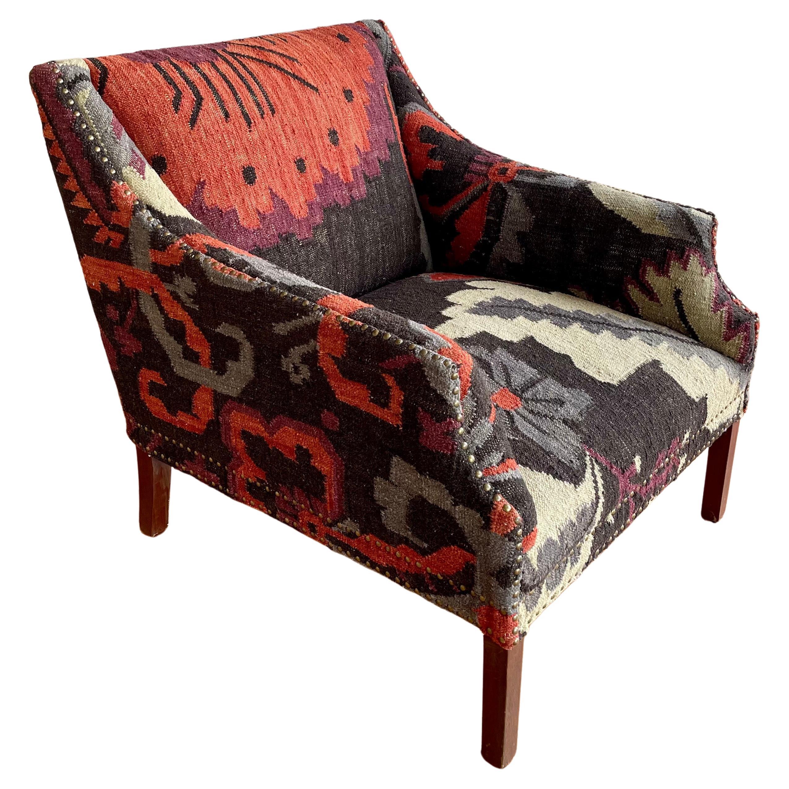 Vintage Indian Armchair Upholstered in Vintage Kilim Rug at 1stDibs