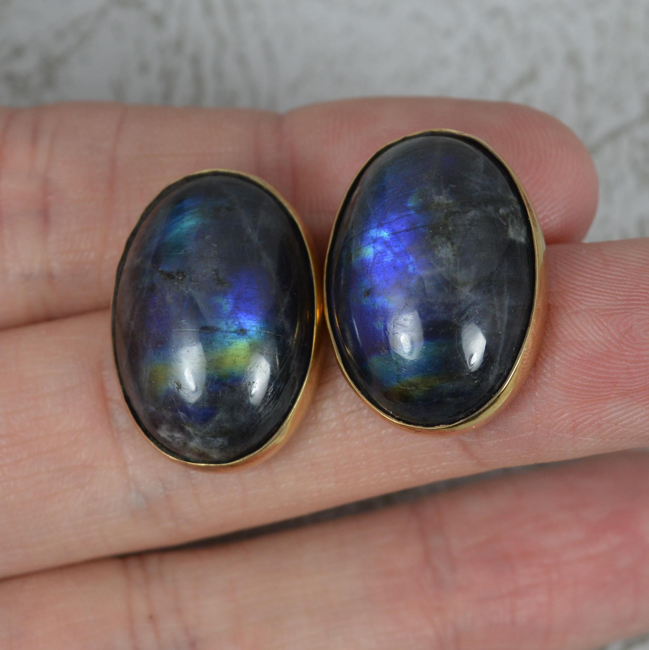 Oversized Labradorite Solitaire 9ct Gold Stud Earrings 1