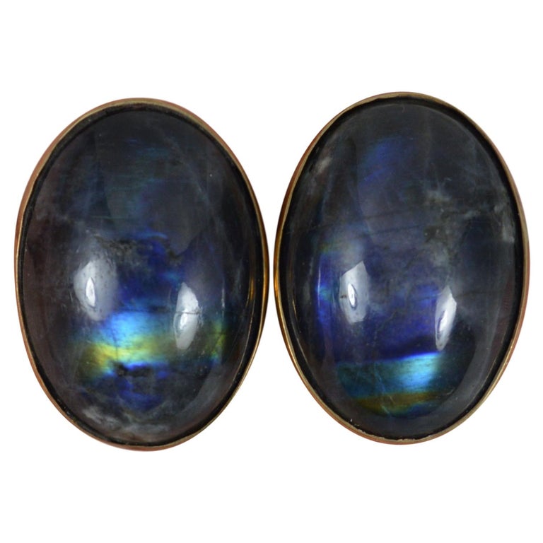 Oversized Labradorite Solitaire 9ct Gold Stud Earrings For Sale at 1stDibs