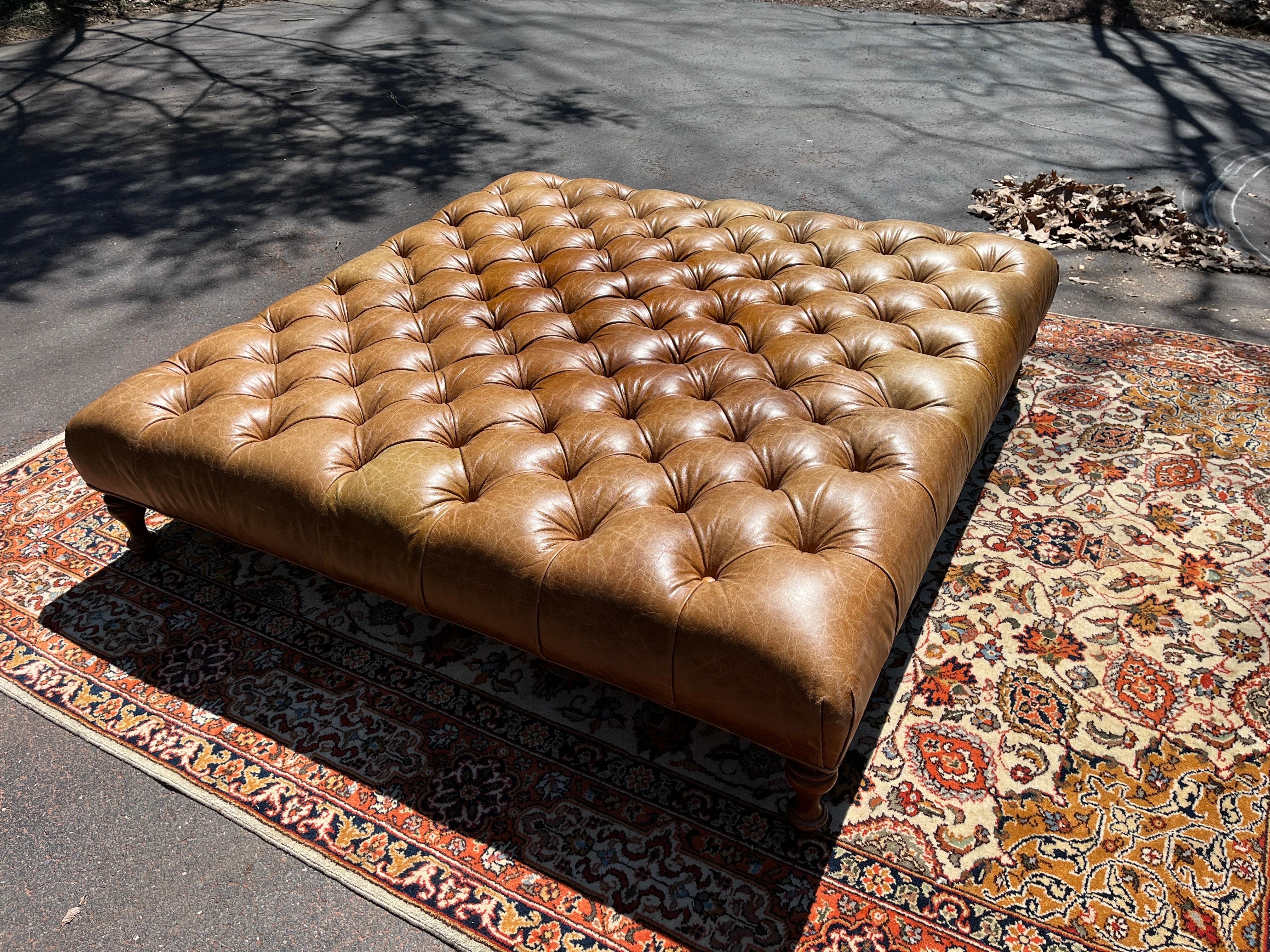 Oversized Leather Button Tufted Ottoman in the Style of Ralph Lauren In Good Condition In Southampton, NJ