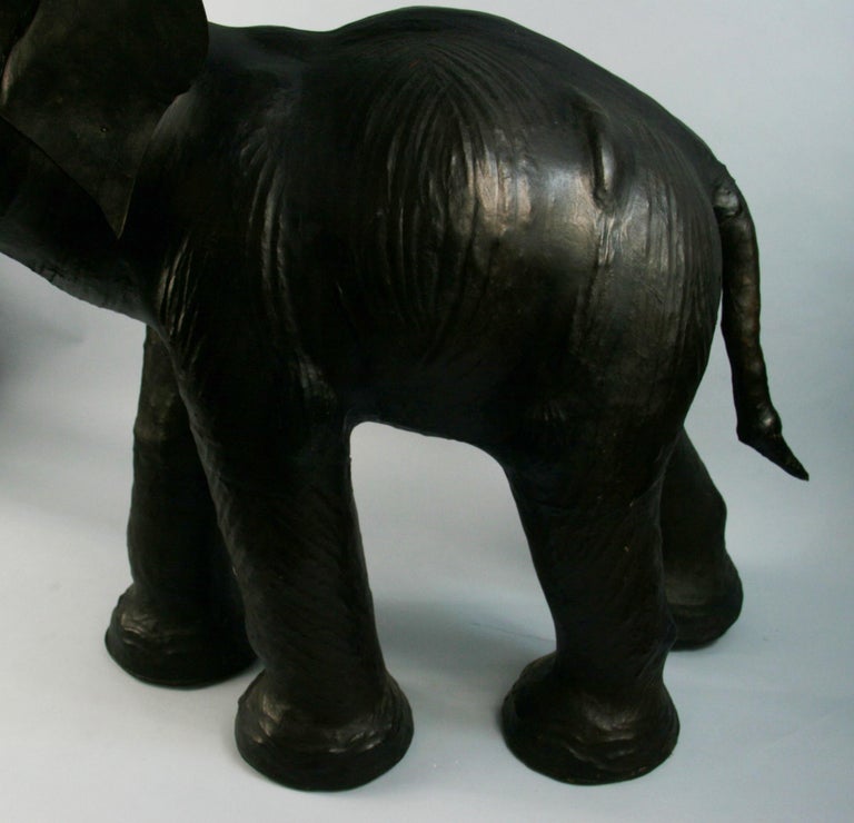 Oversized Leather Elephant Foot Stool on Carved Wood For Sale at 1stDibs