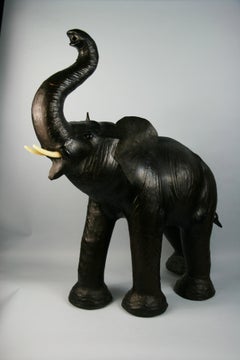 Oversized Leather Elephant  Foot Stool  on Carved Wood