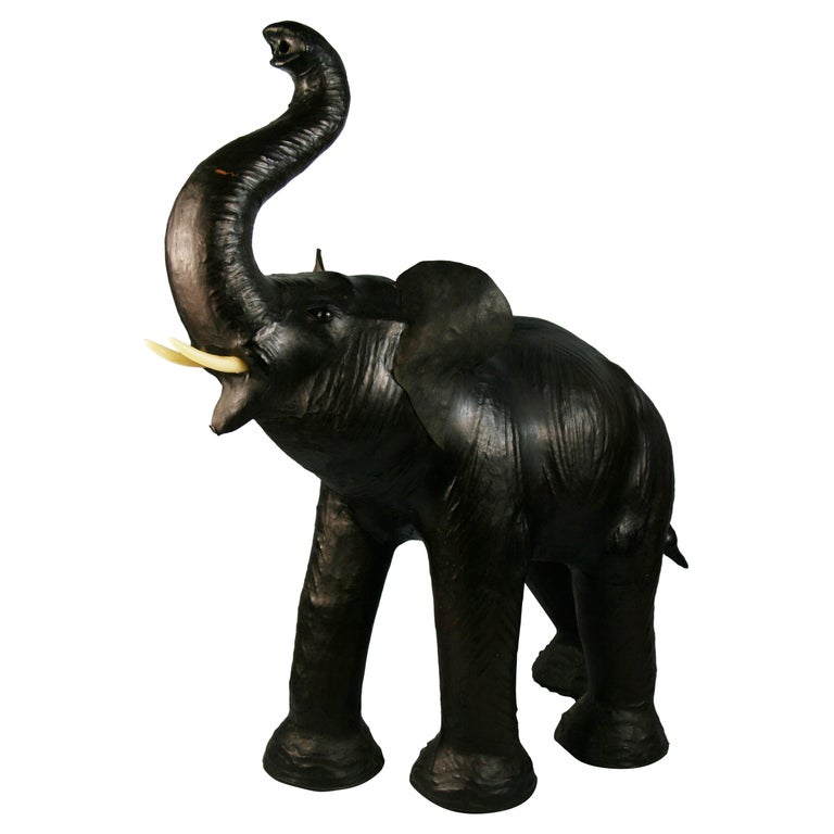 Oversized Leather Elephant Foot Stool on Carved Wood For Sale at 1stDibs