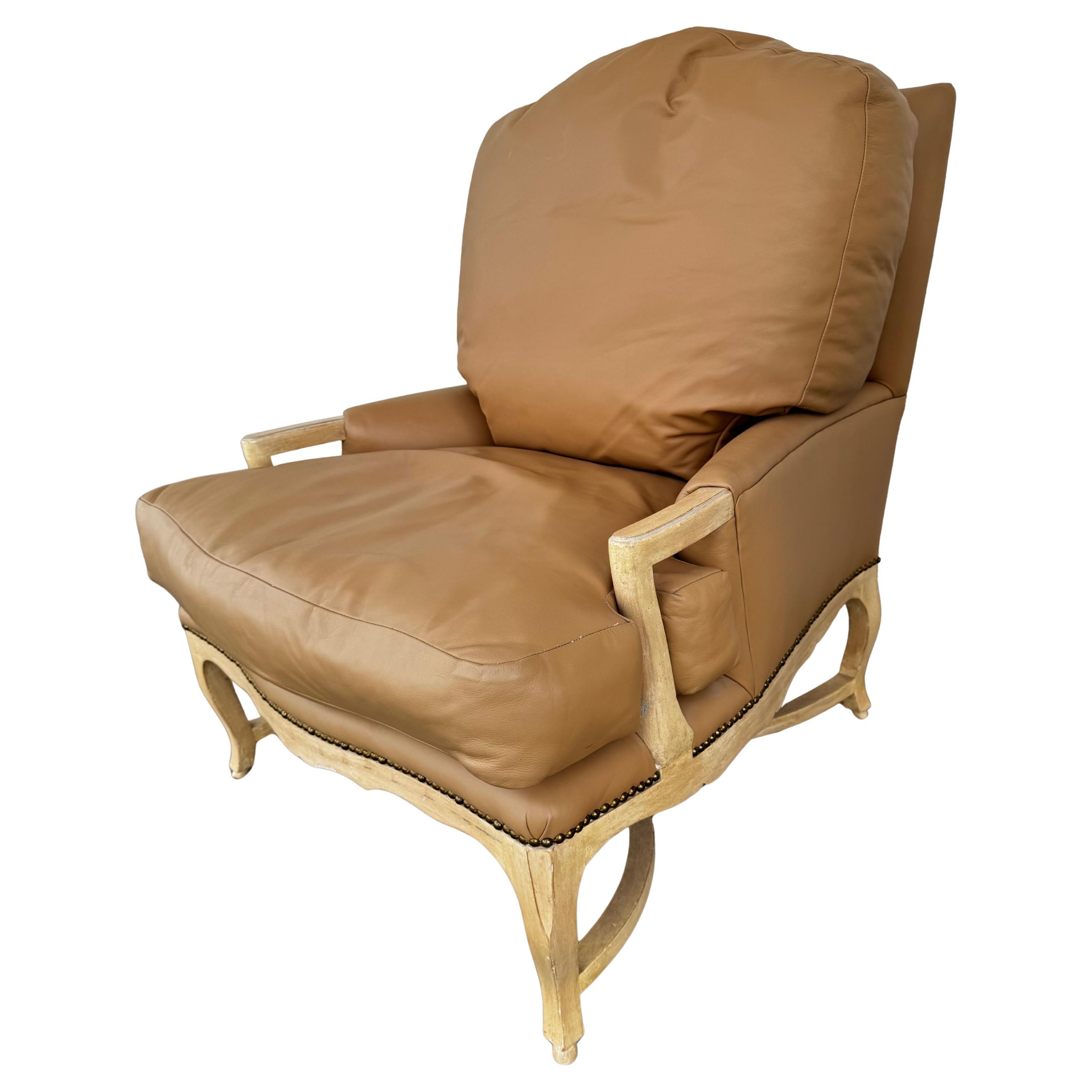 Oversized Leather French Provincial Style Pickled Oak Bergere For Sale