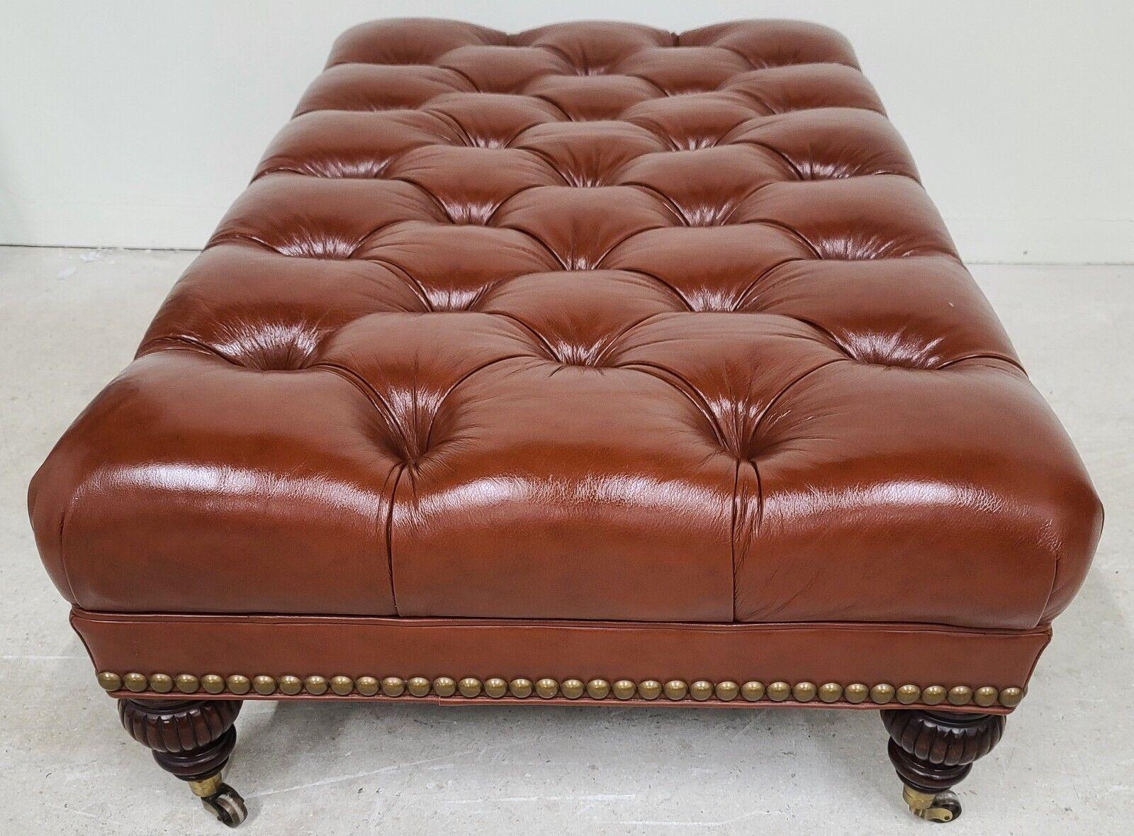 Brass Oversized Leather Rolling Biscuit Tufted Ottoman Cocktail Table