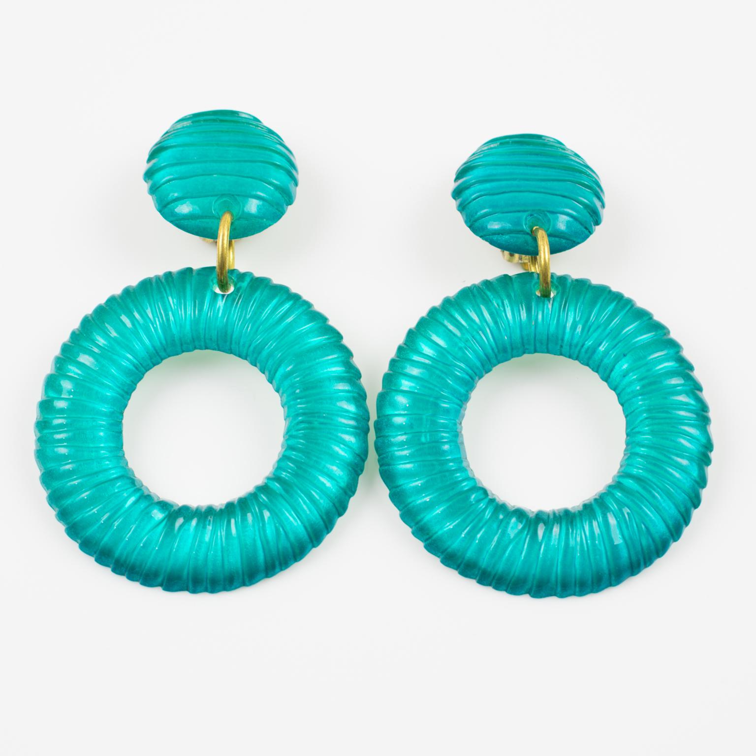 Modernist Oversized Lucite Clip Earrings Aqua Blue Textured Donut