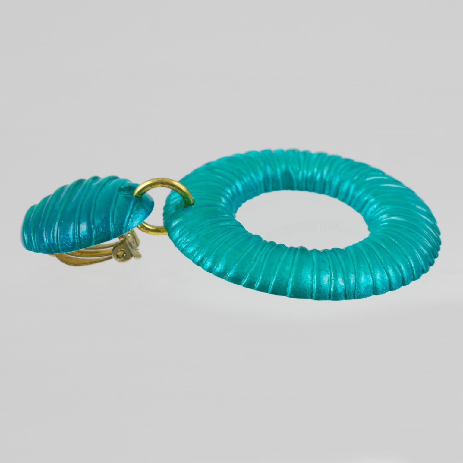 Women's or Men's Oversized Lucite Clip Earrings Aqua Blue Textured Donut
