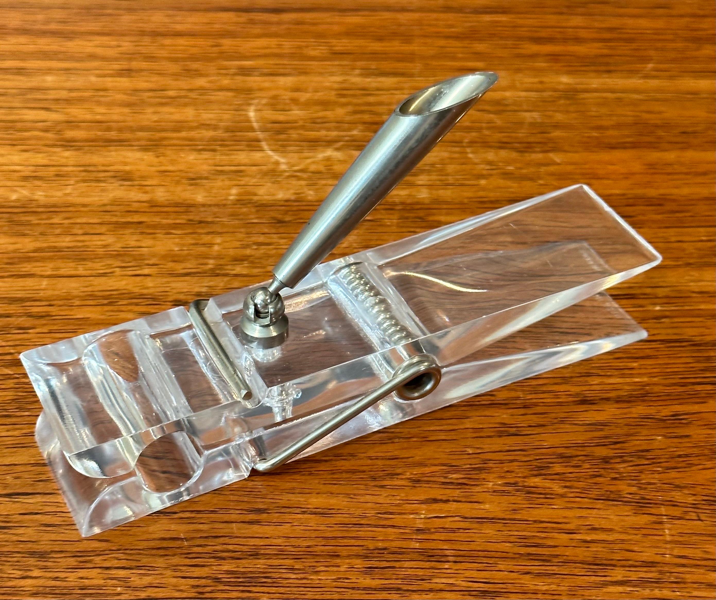 Chrome Oversized Lucite Clothespin Paperweight / Pen Holder / Desk Accessory For Sale