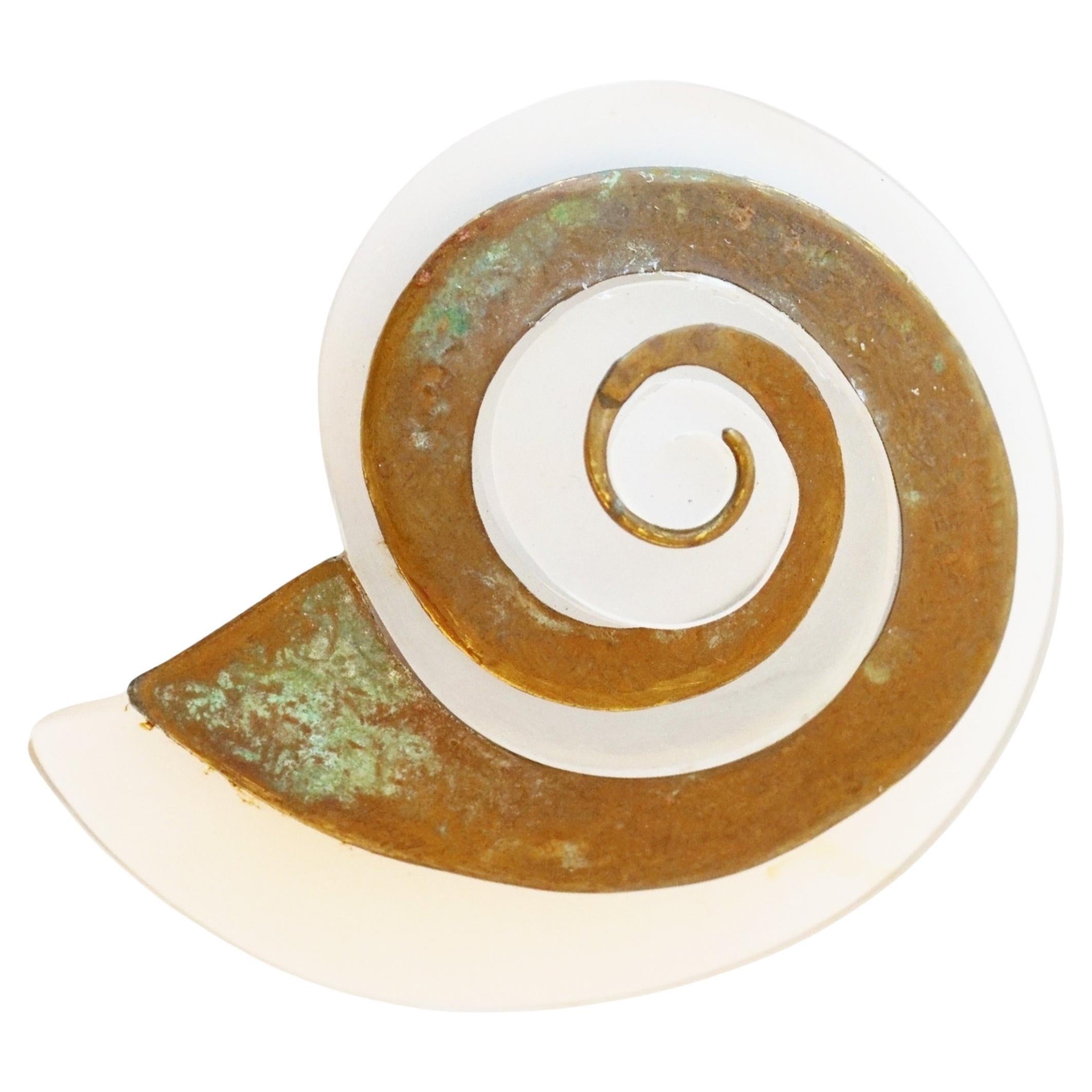 Oversized Lucite & Patinated Brass Swirl / Snail Brooch By Fabrice Paris, 1970s For Sale