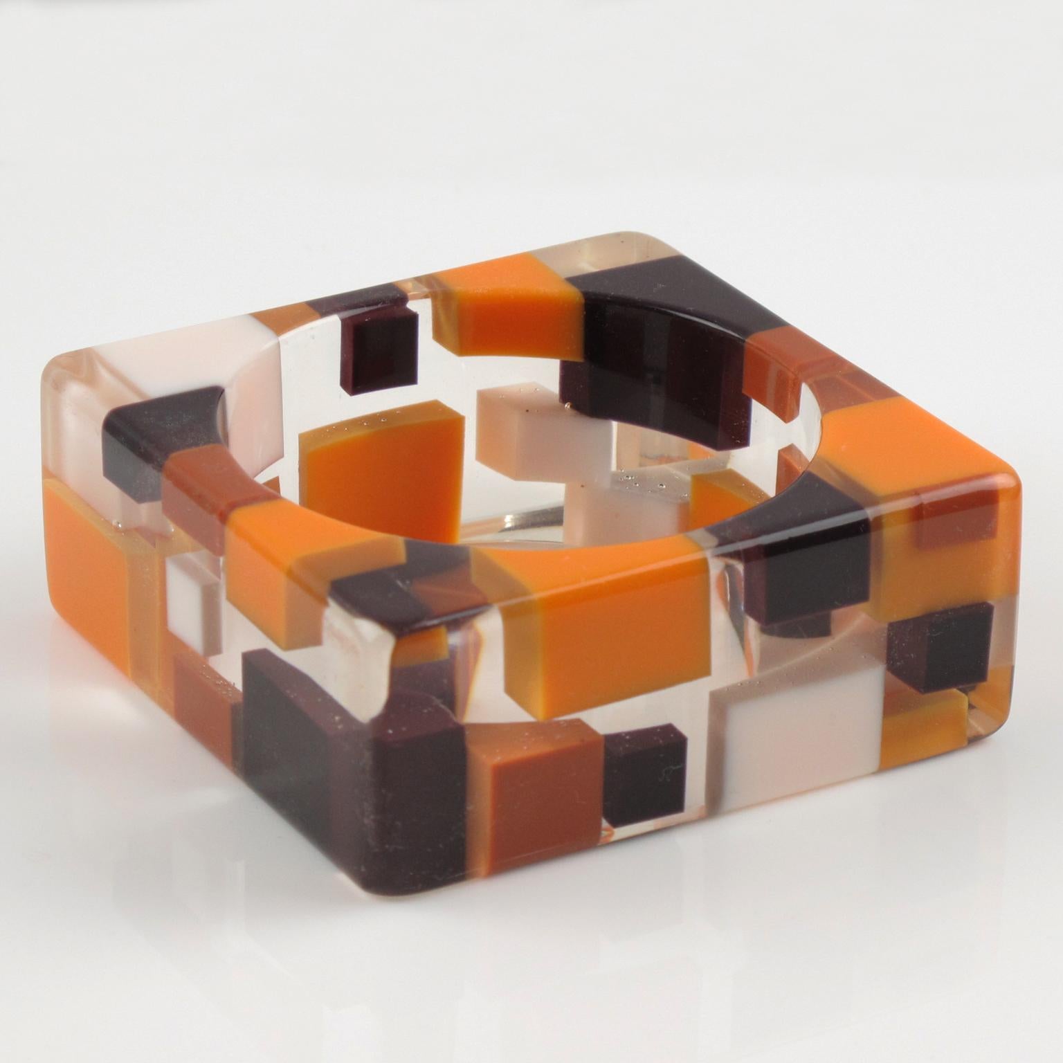 Modernist Oversized Lucite Resin Bracelet Bangle Checkerboard Inclusion Orange Brown White