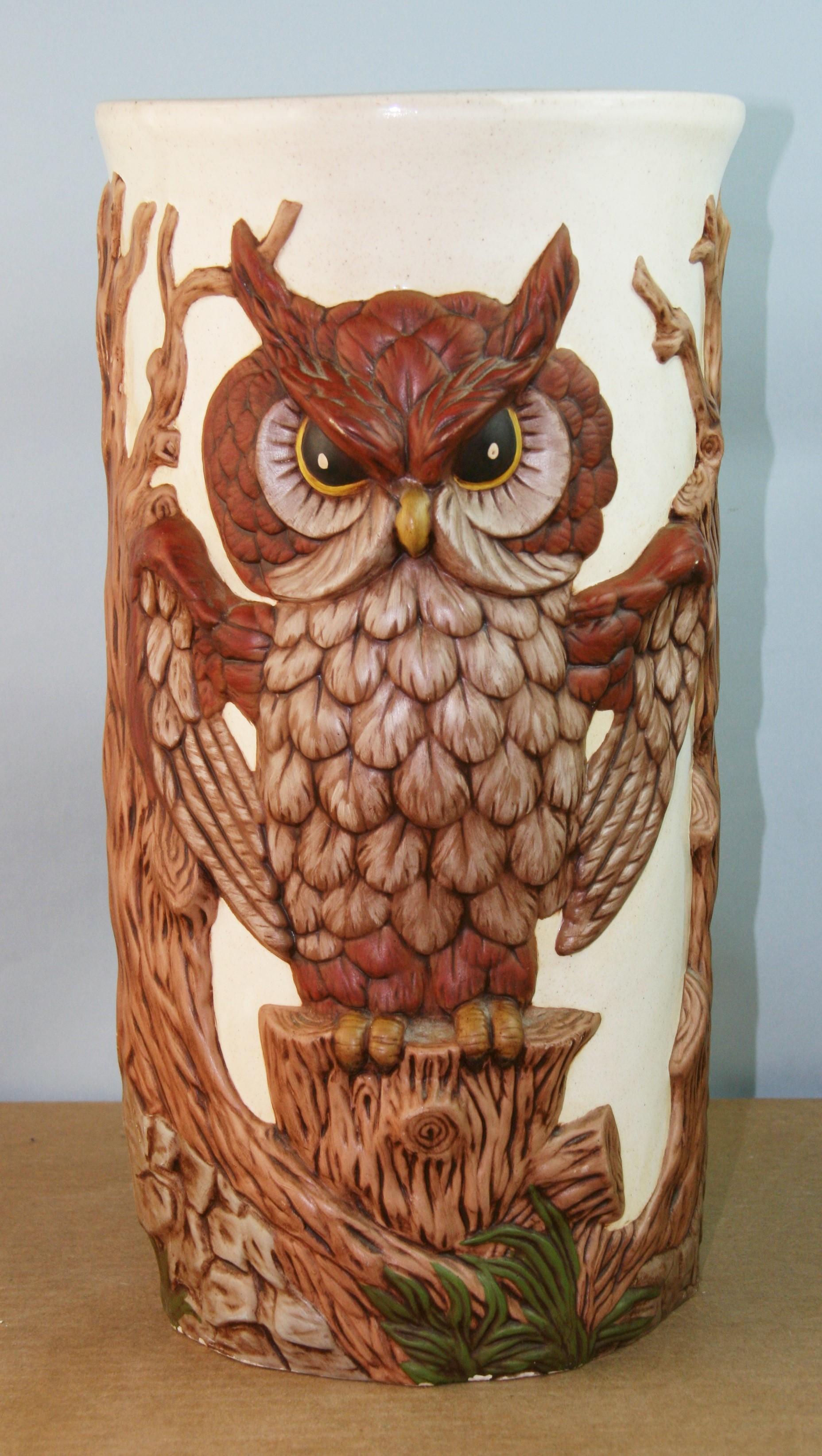 Oversized Majolica owl vase/stick stand.