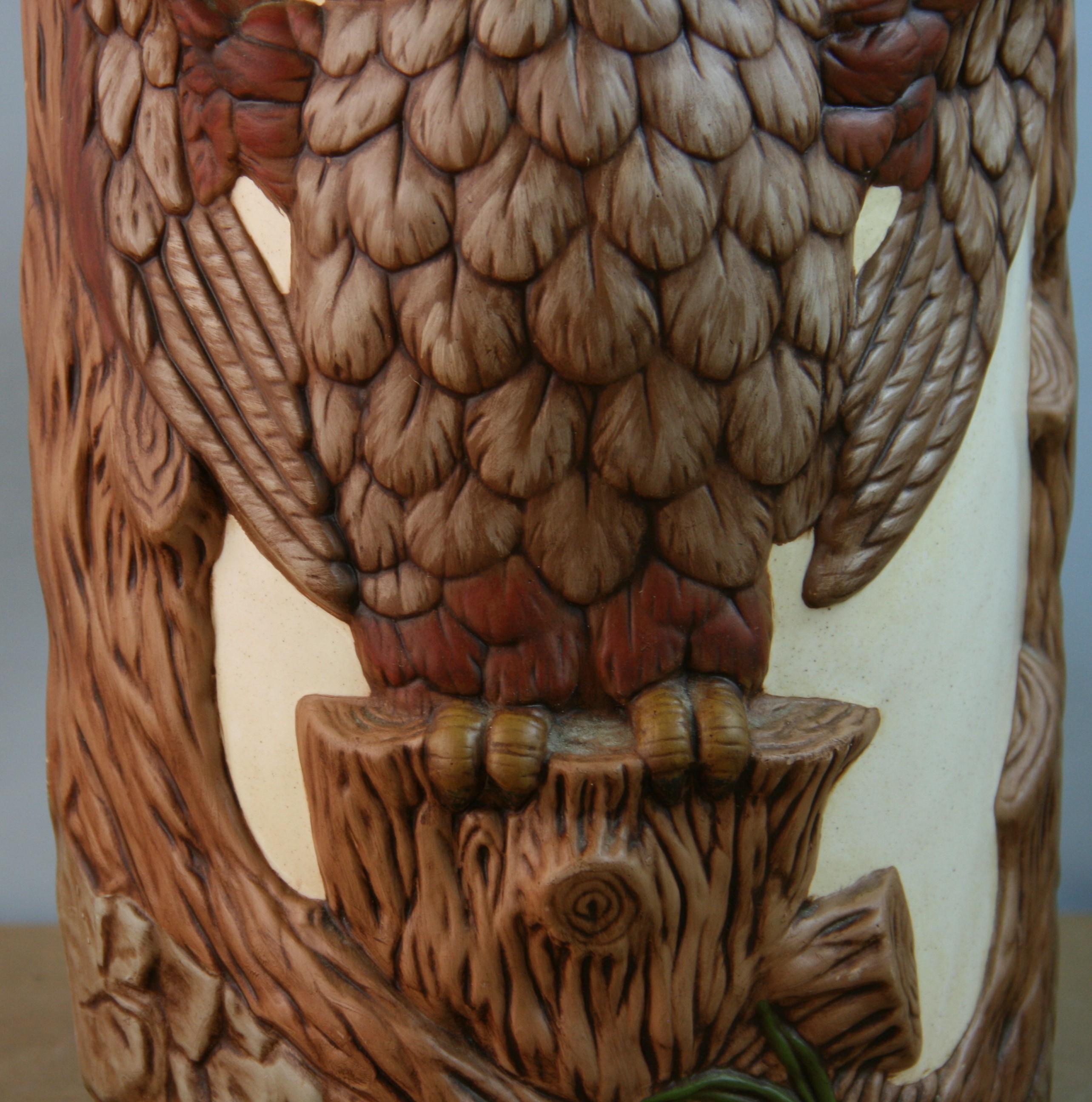 Oversized Majolica Owl Vase /Umbrella/Stick  Stand, 1973 In Good Condition In Douglas Manor, NY