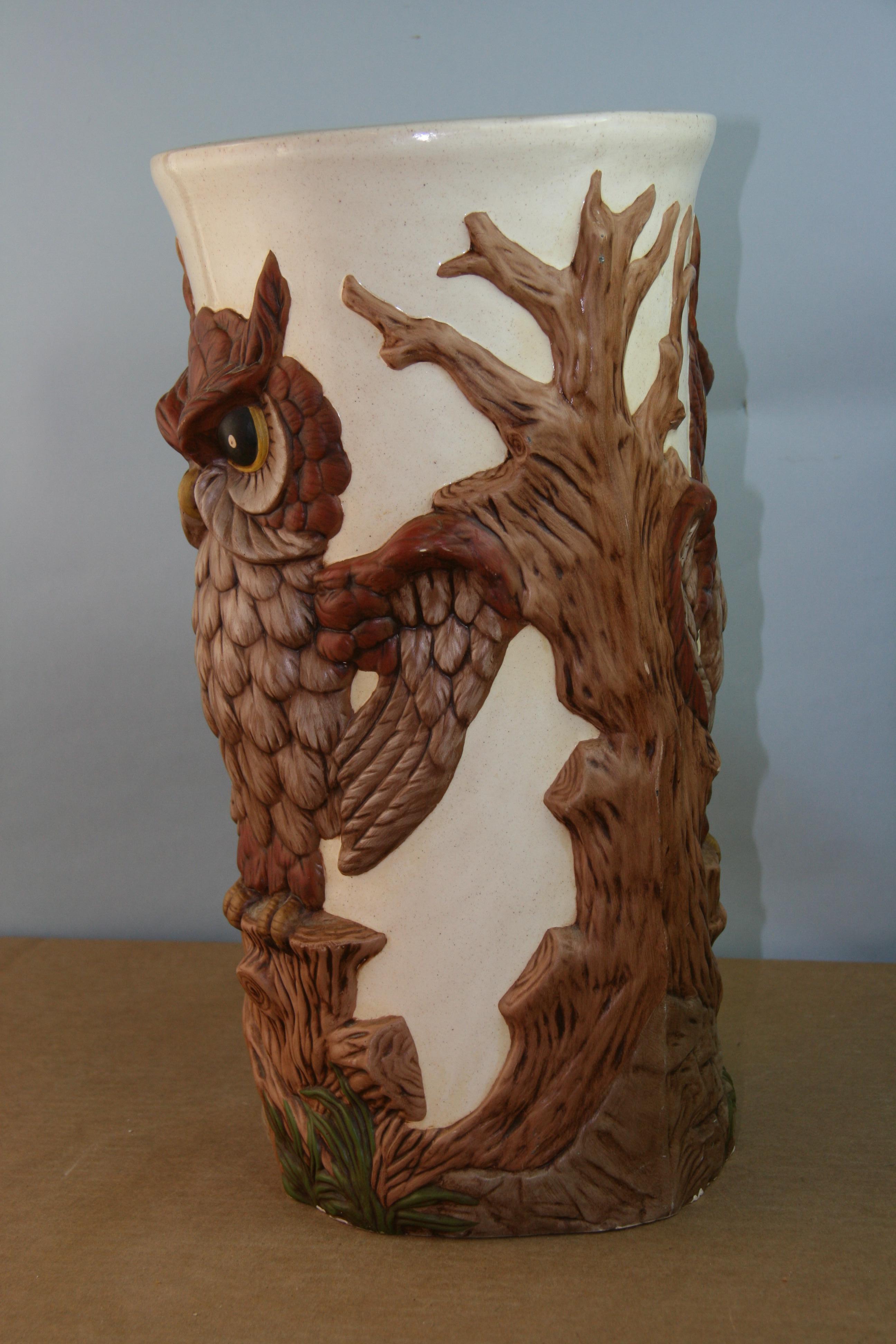 Ceramic Oversized Majolica Owl Vase /Umbrella/Stick  Stand, 1973